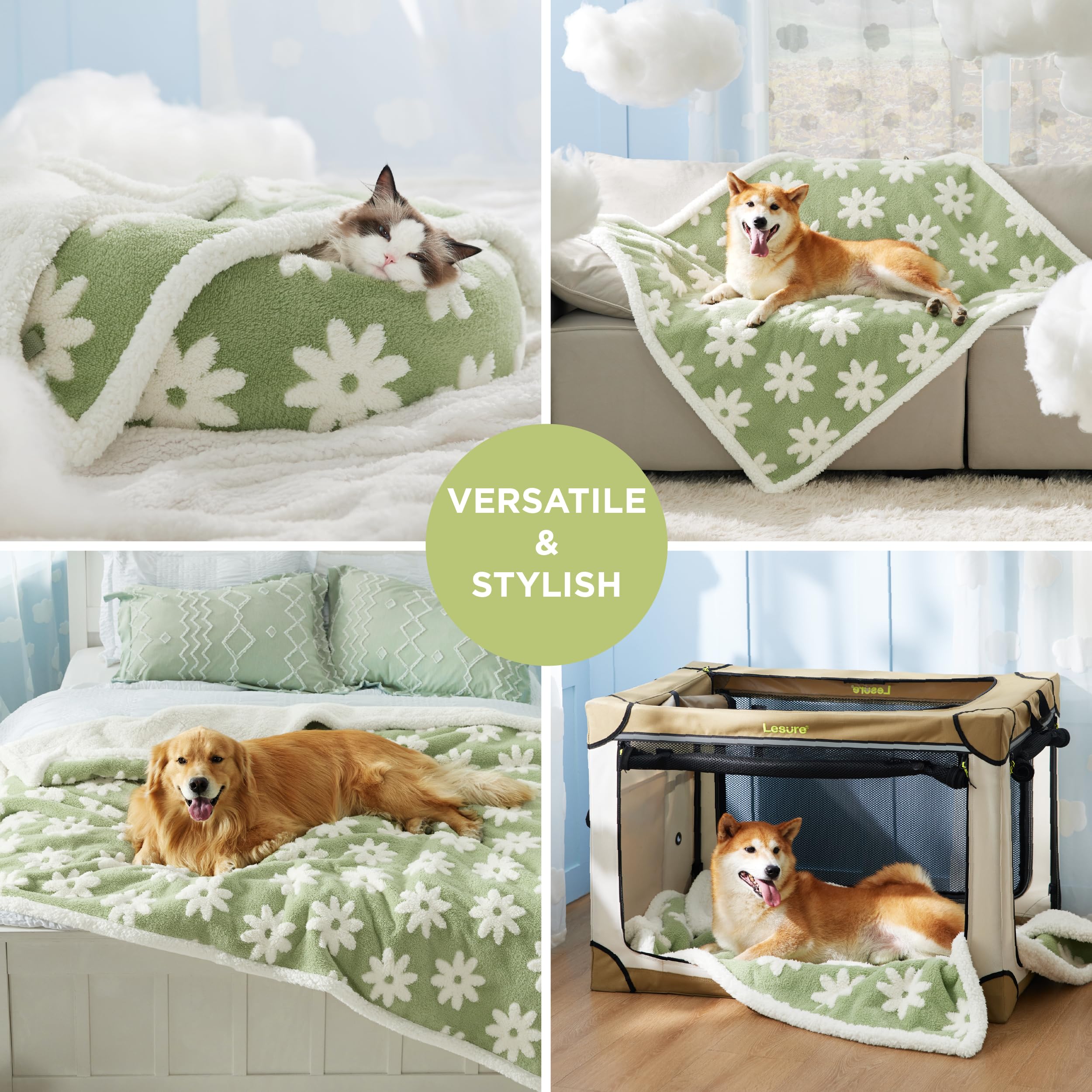 LE SURE Waterproof Dog Blanket - Washable Sherpa Fleece & Jacquard Shag, Medium (30x40"), Green