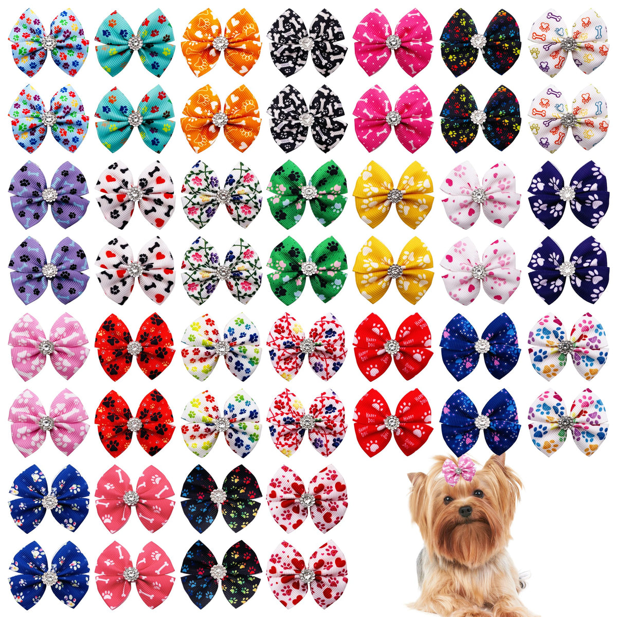 Pet Show 50Pcs/25Pairs Paw Pattern Small Dog Hair Bows Bulk With Rubber Bands For Medium Dogs Cats Puppy Shih Tzu Rhinestone Bowknot Topknot Yorkies Rabbits Girl Boy Pet Grooming Hair Accessories