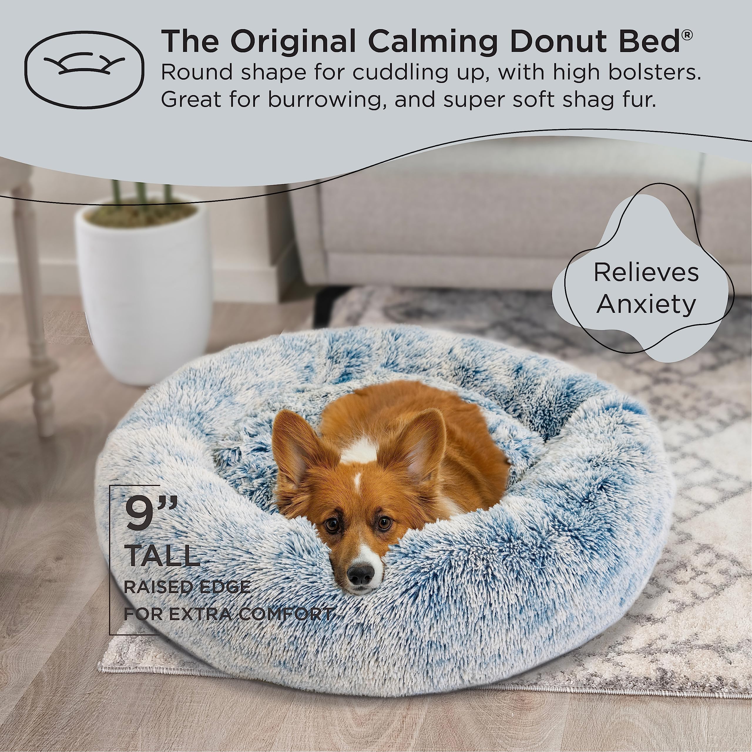 Best Friends By Sheri The Original Calming Donut Dog And Cat Bed In Shag Fur, Denim Blue, Medium, 30X30
