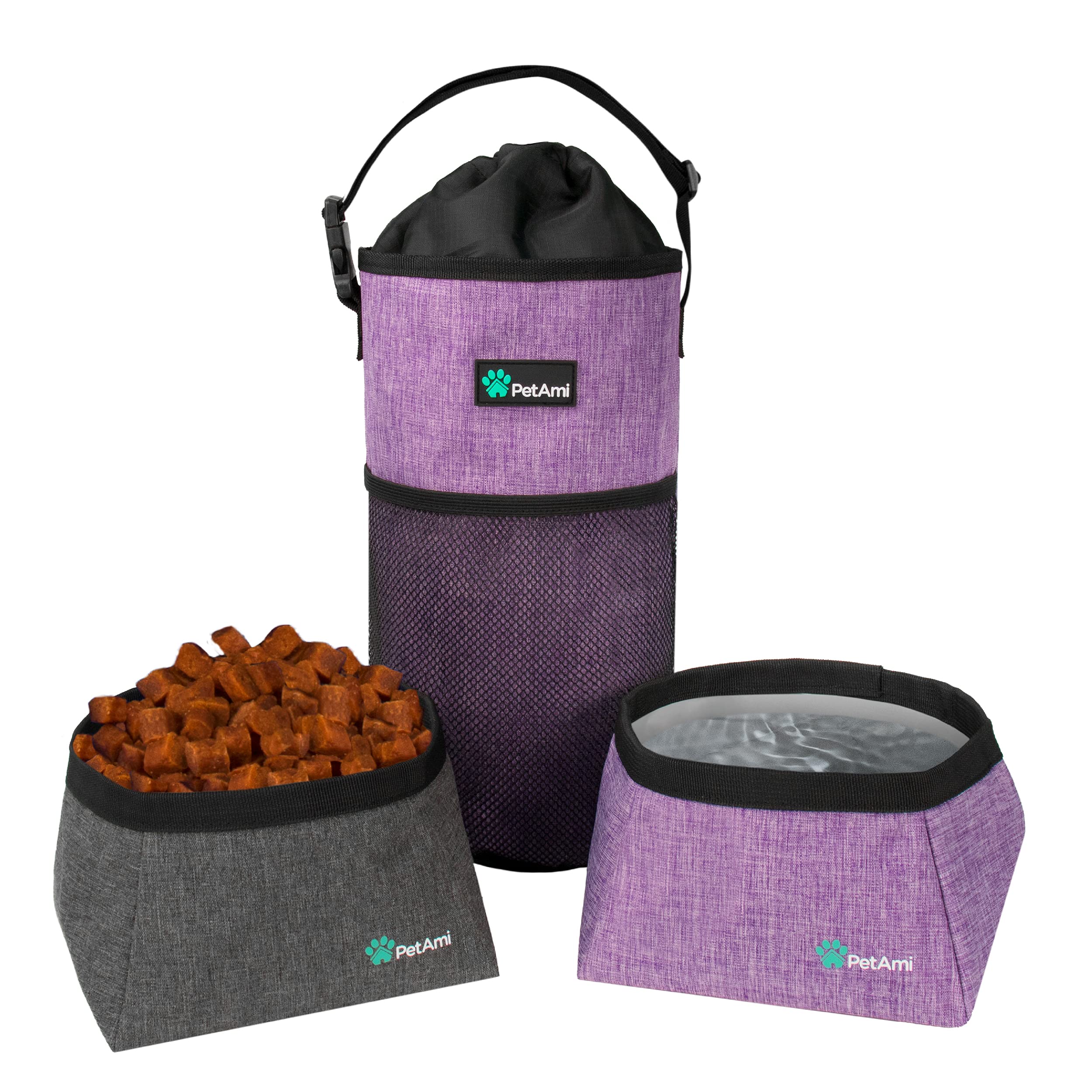 PetAmi Travel Dog Food & Water Bowls Set, Collapsible Dog Kibble Bag, Cat-Friendly, Foldable Waterproof Camping Bowls for Hiking