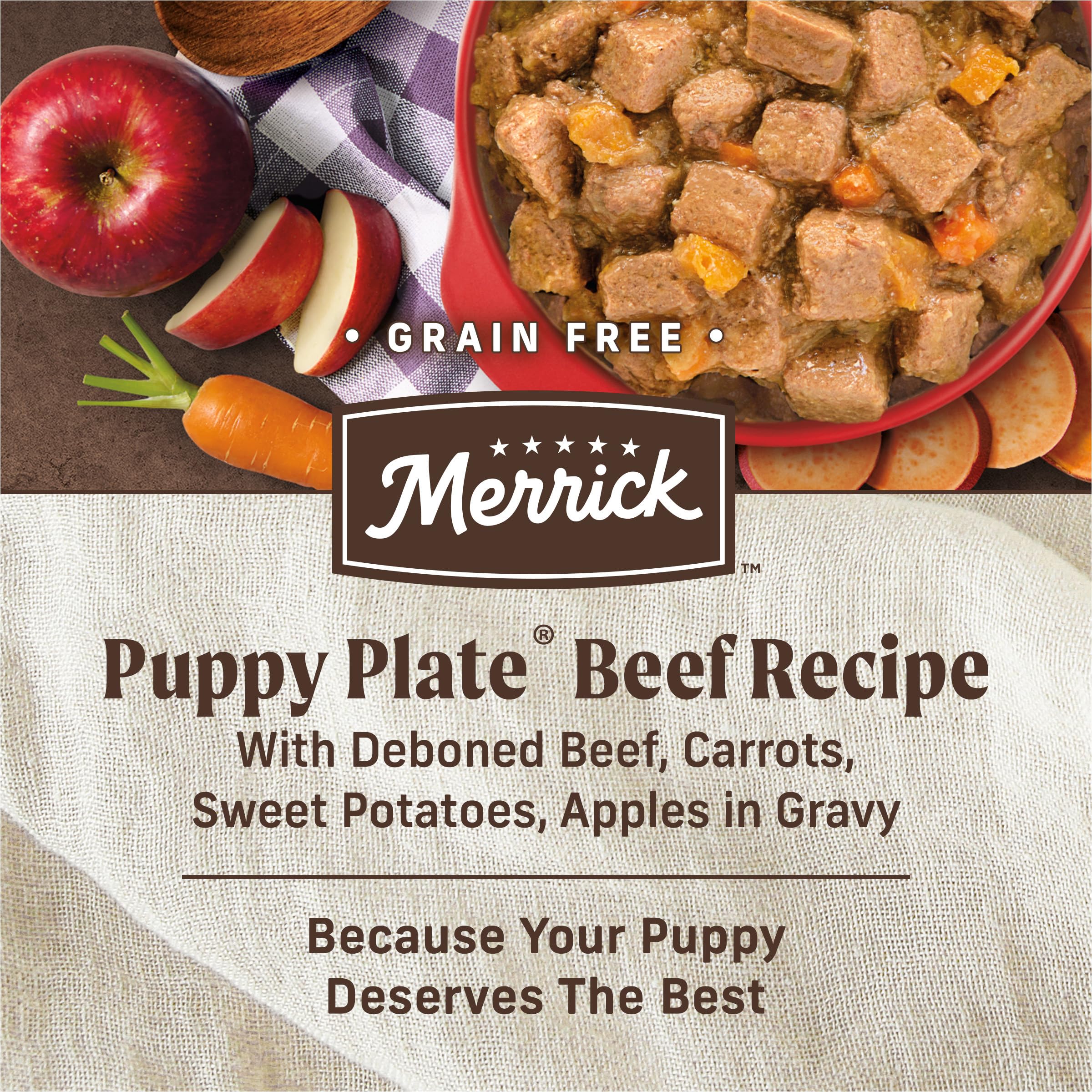 Merrick Grain Free Wet Puppy Food, Premium Soft And Gluten Free Canned Dog Food, Puppy Plate Beef Recipe - (Pack of 12) 12.7 oz.