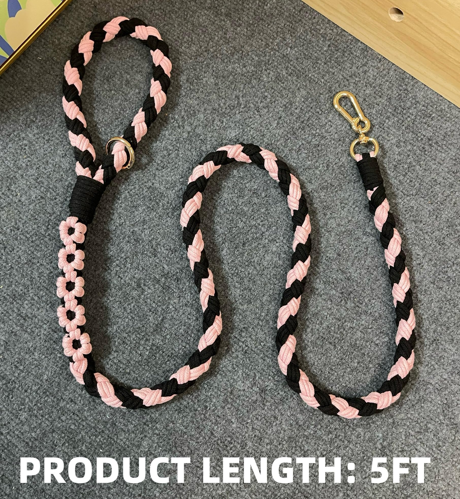 Handmade 5Ft Braided Cotton Dog Leash With Unique Floral Handle, Durable And Stylish, Ideal For Small To Large Dogs, Black & Pin