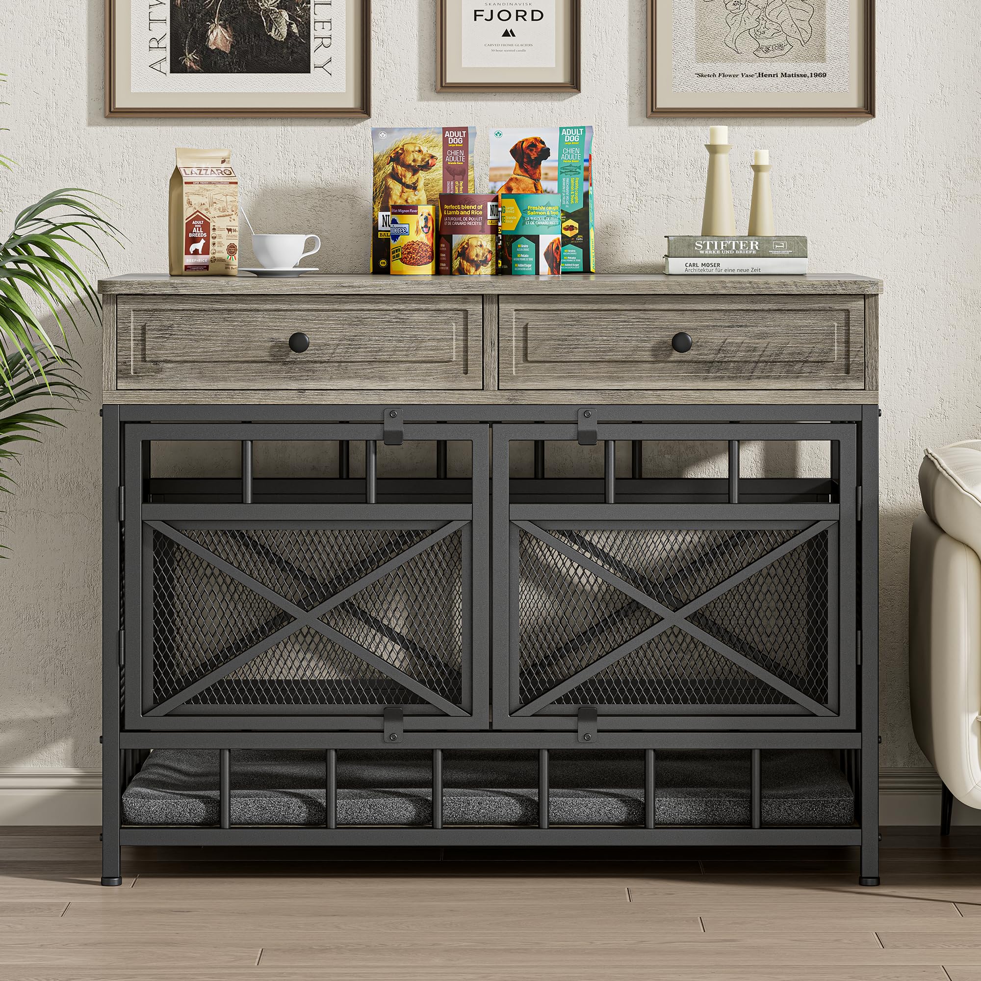 IRONCK 44 inch Large Dog Crate Furniture, Wooden Dog Kennel with Storage Drawers for Medium/Large Dogs, Decorative Dogs Kennel I