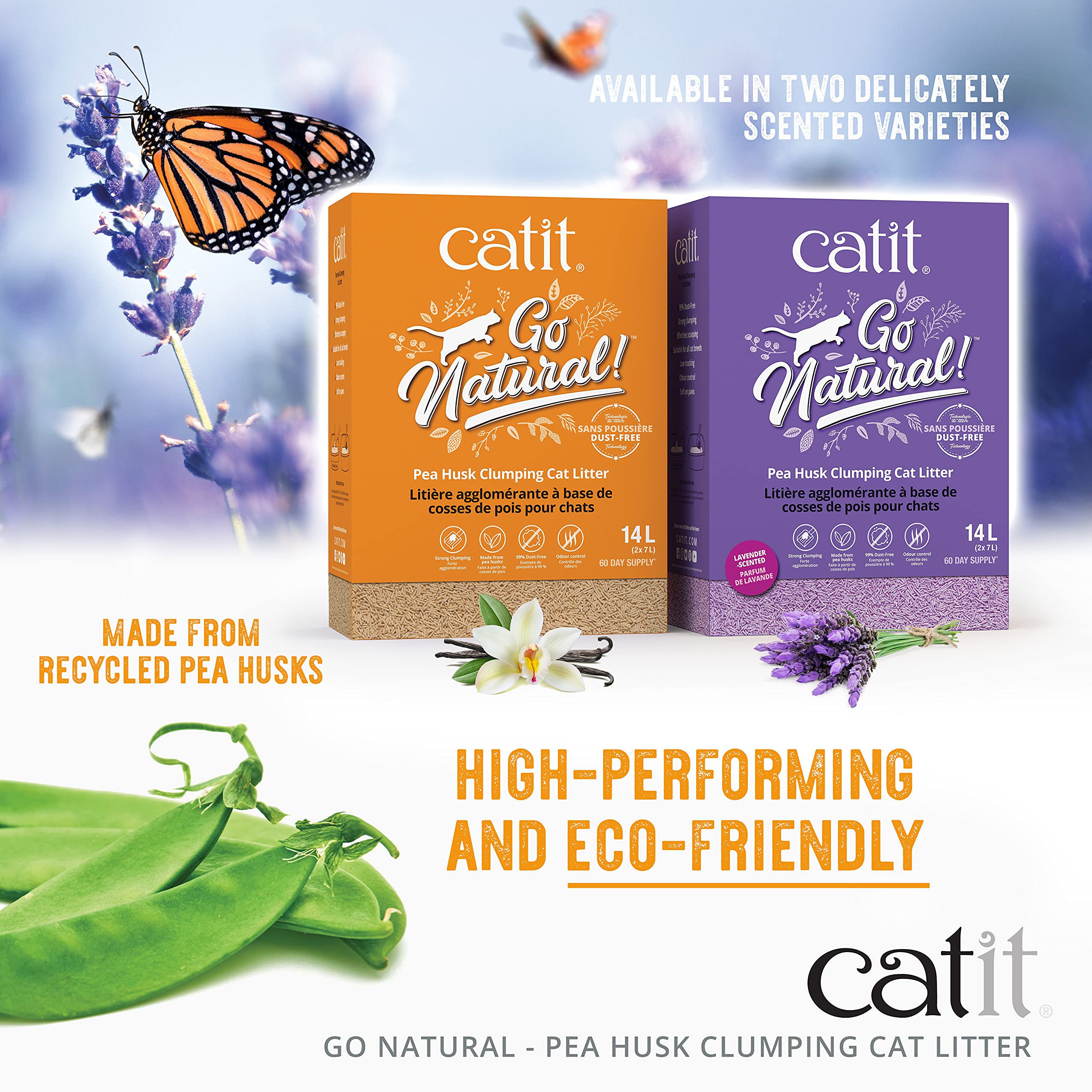 Catit - Go Natural Pea Husk Clumping Cat Litter - Lightweight, Dust Free, Easy Cleaning & Scooping, Flushable Kitty Litter With Odor Control & Subtle Fragrance - 12.3 Lbs, Lavender Scented