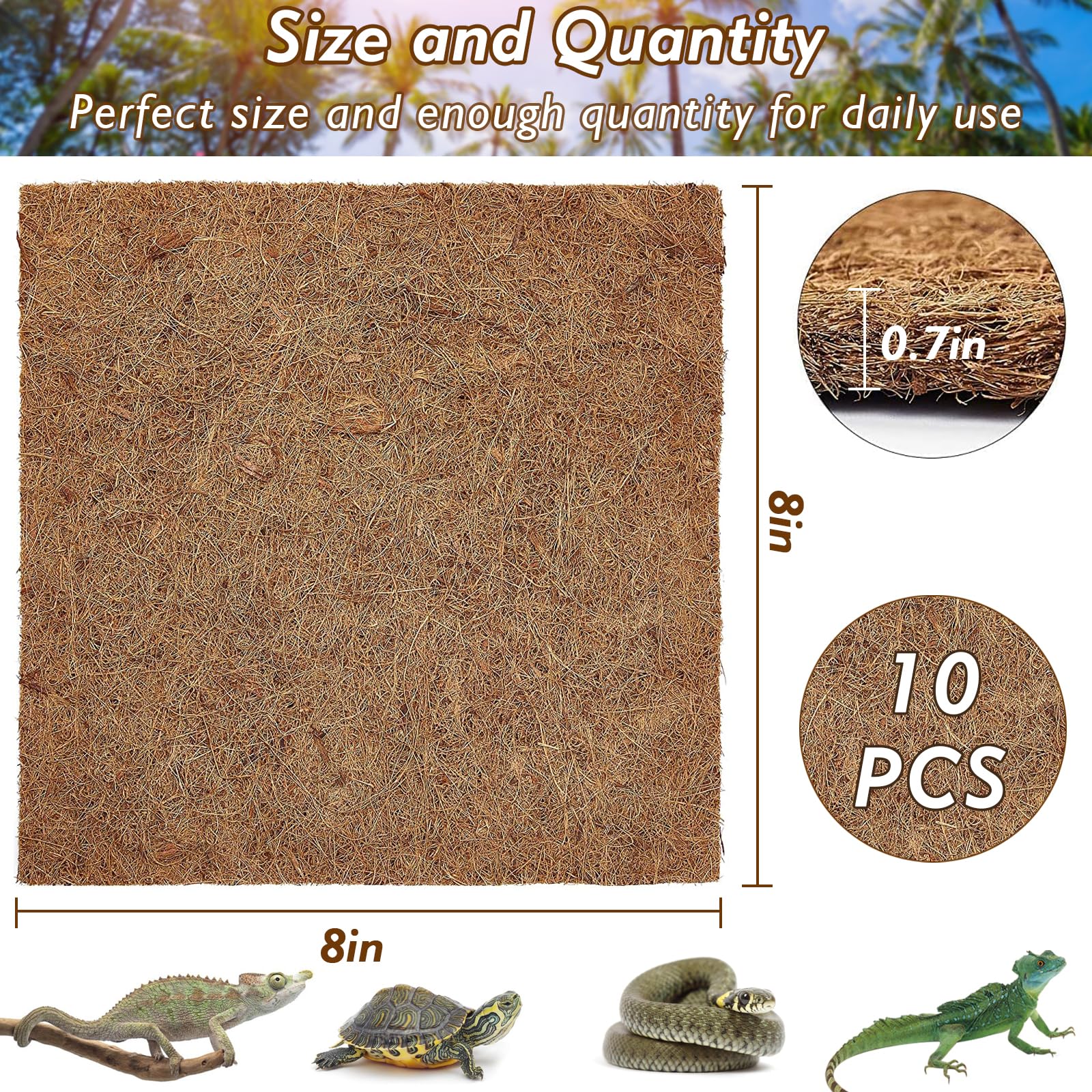 ZeeDix 10 Pieces Coconut Fiber Reptile Substrate Mat, 8 x 8 inches Natural Coco Coir Mat Turtle Bedding Tortoise Carpet Reptile