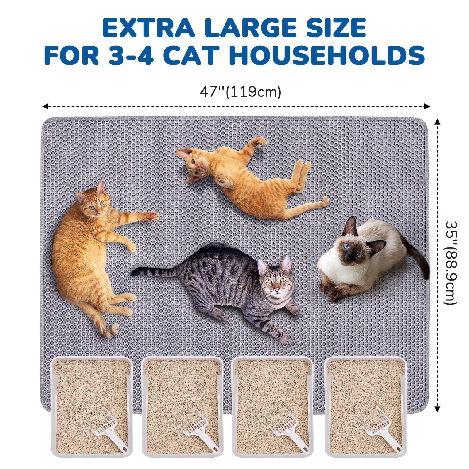 Burgeonnest Cat Litter Mat 47'' X 35'' Upgraded Felt & Fabric Material Cat Trapping Mat For Fewer Creases, Extra Large Hold 3-4