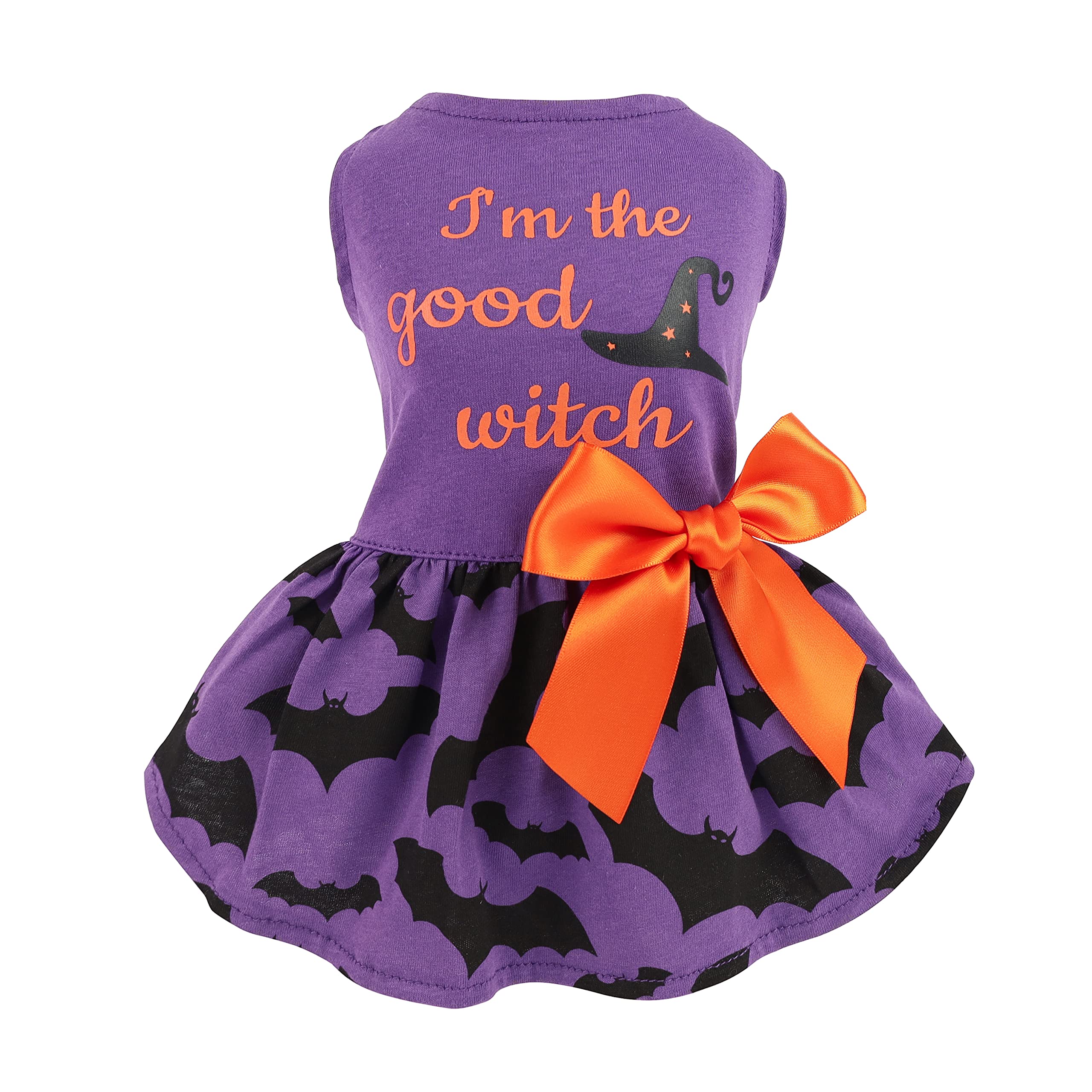 Fitwarm 100% Cotton I'm The Good Witch Halloween Dog Costume Puppy Dress Doggie Party One Piece with Bowknot Pumkin Bat Pet Vest