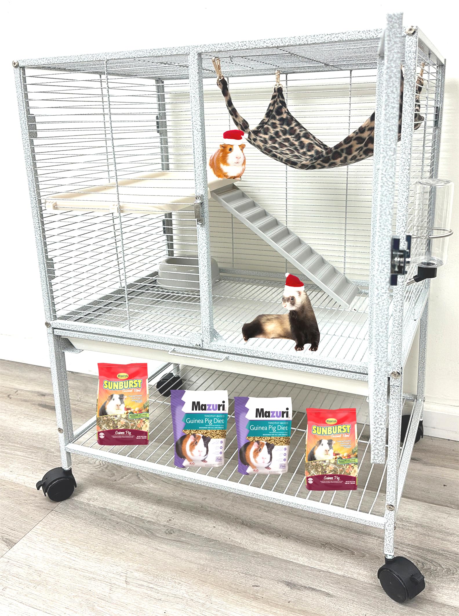 Two Tiers Large Ferret Hammock Chinchilla Guinea Pig Rabbit Mouse Critter Home Rolling Cage Tight 1/2-inch Bar Spacing Easy Clea