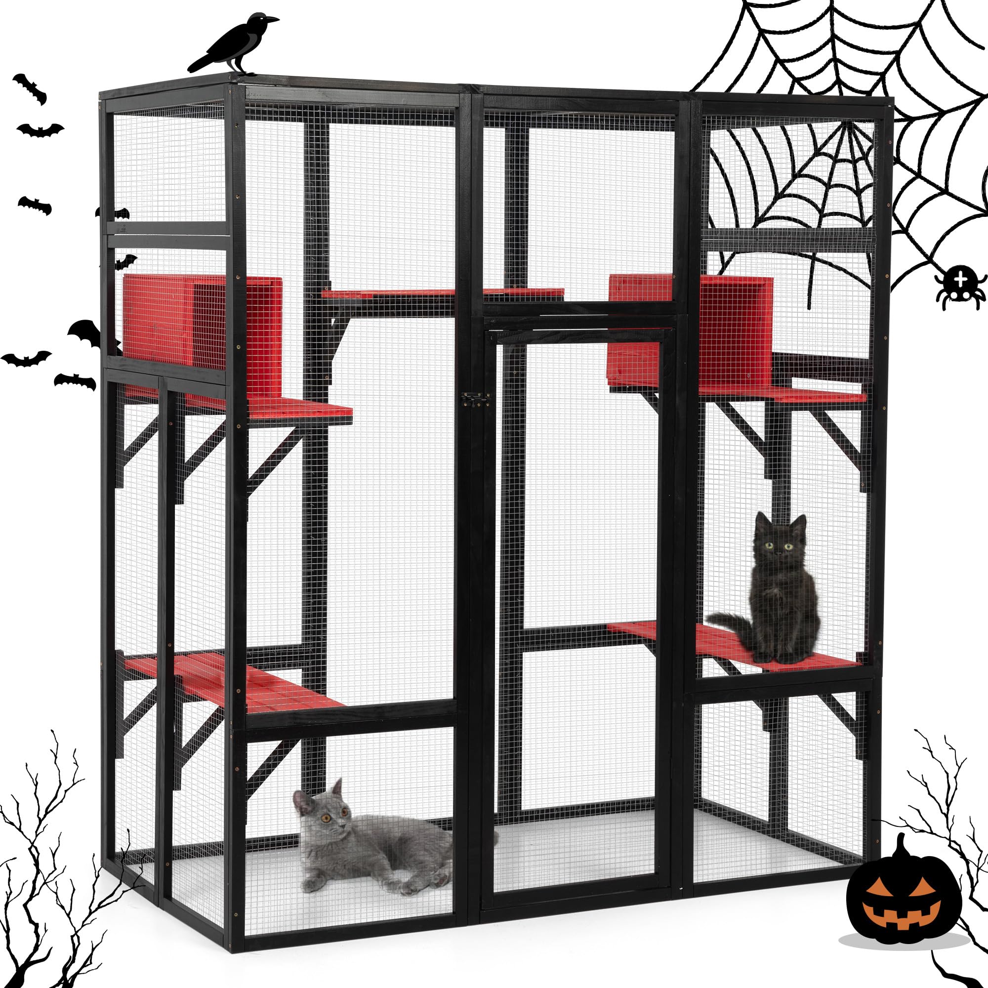 Nyeekoy 71Inches Large Wood Catio Outdoor Cat Enclosure With Perches And Condos, Cat House Indoor With Waterproof Roof, Cat Shel