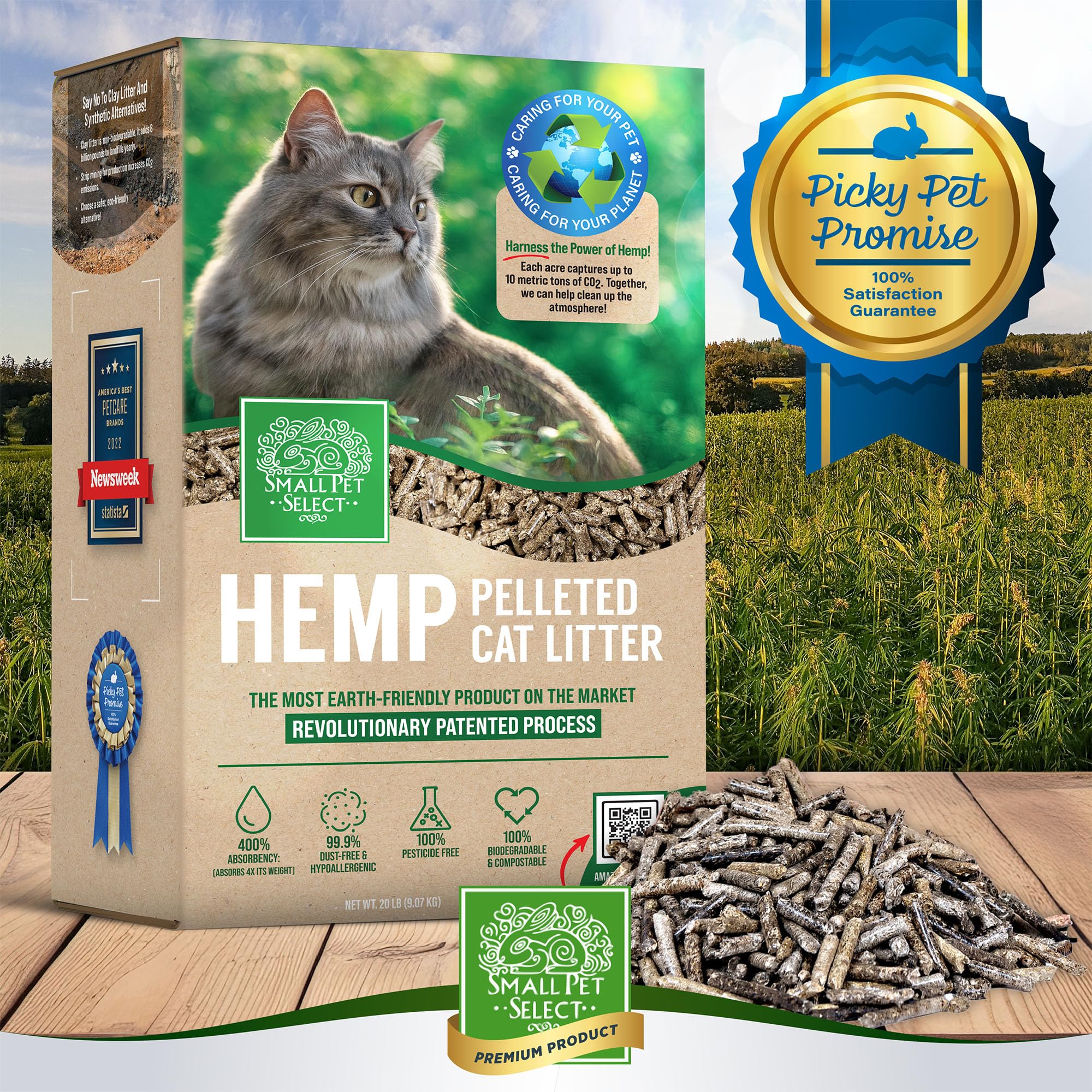 Small Pet Select Hemp Cat Litter, Non-Clumping, Biodegradable, 20 lb, Brown