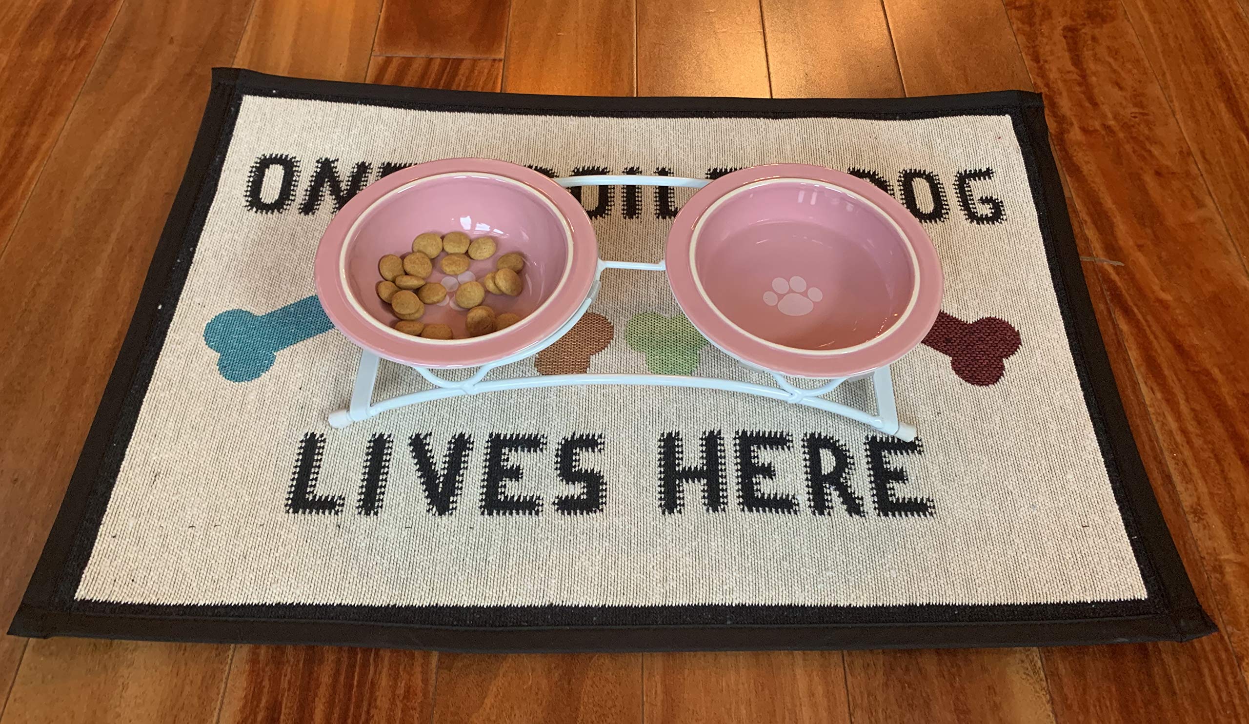 Petrageous 44355 Toftees Paws Diner With Two 1-Cup Dishwasher-Safe Stoneware Bowl Capacity 10.75-Inch Length 2.25-Inch Tall For Extra Small And Small Dogs And Cats, White And Pink