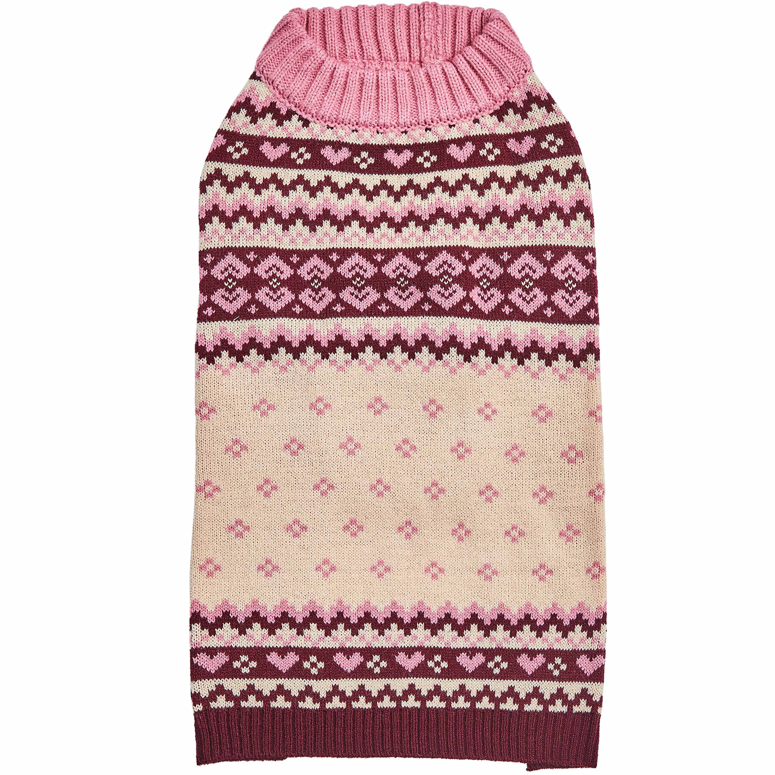 Blueberry Pet Heart Designer Chic Turtleneck Fair Isle Fall Winter Pullover Dog Sweater In Pink, Back Length 22', Warm Clothes For Large Dogs