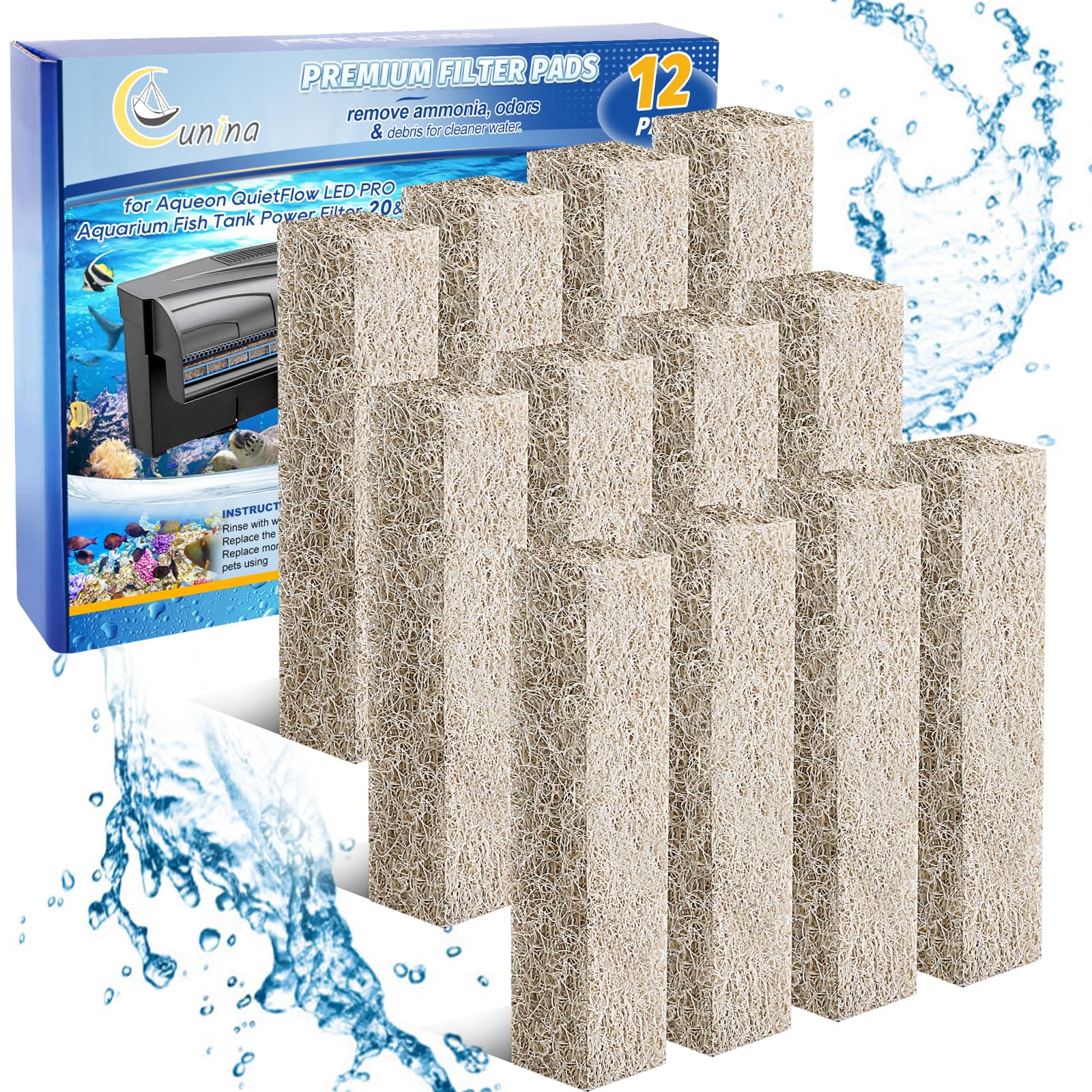 Cunina 12Pcs Ammonia Reducer Filter Pads Compatible With Aqueon Quietflow 20 & 75, Sponge Replacement Filter Cartridges For Aque