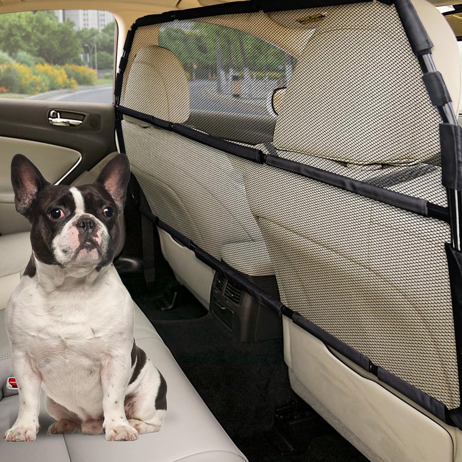 Dog Car Barrier Escape-Proof, 50'' Wide Car Divider for 2nd 3rd Row Seats & Cargo Area, Durable Back Seat Car Gate Trunk Barrier