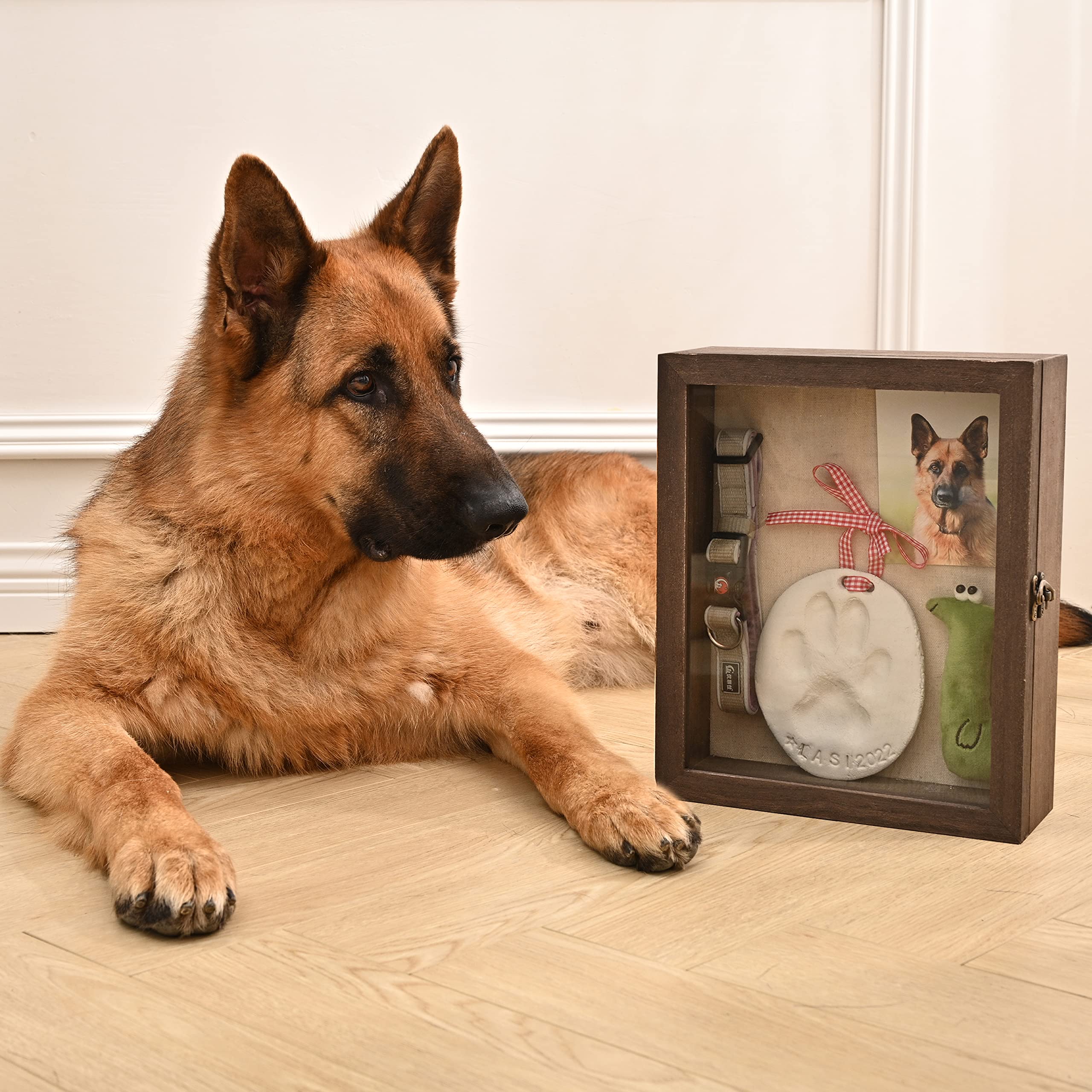 Gognlvn Pet Memorial Shadow Box With Clay Paw Print Impression Kit,Dog Wood Picture Frame Ornament As Loss Pet Keepsake And Gift