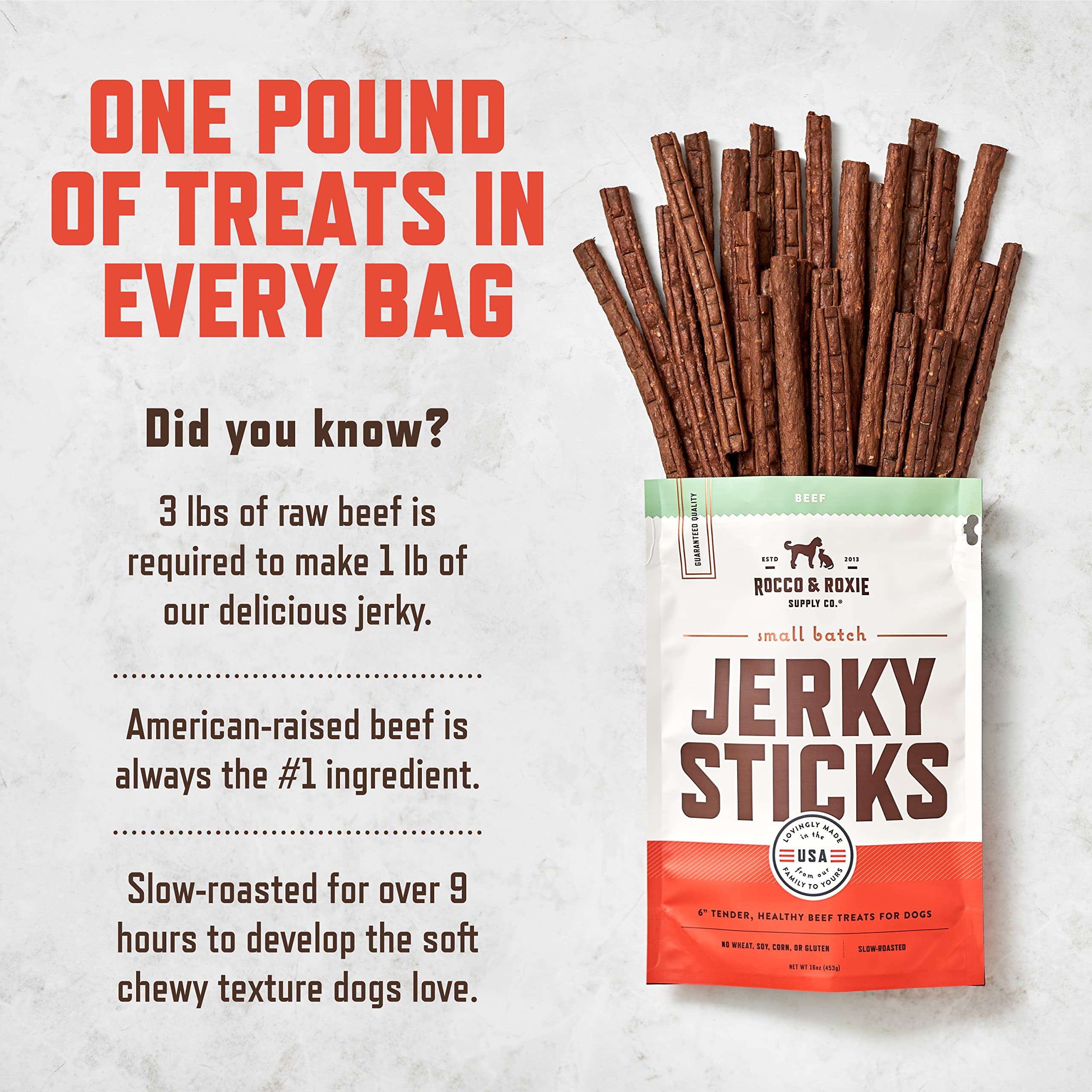 Rocco & Roxie Beef Jerky Dog Treats - Soft Snacks for Dogs - 1lb - Ideal for Training Senior Dogs & Puppies