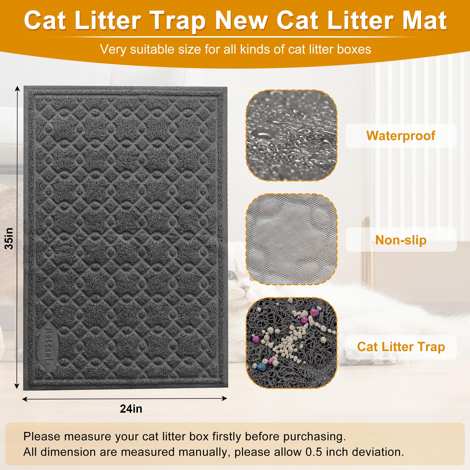 Motsamla Cat Litter Box Mat, 35  x 24  Large Kitty Litter Trapping Mat Keep Floor Clean, Litter Box Mat Scatter Control, Waterpr