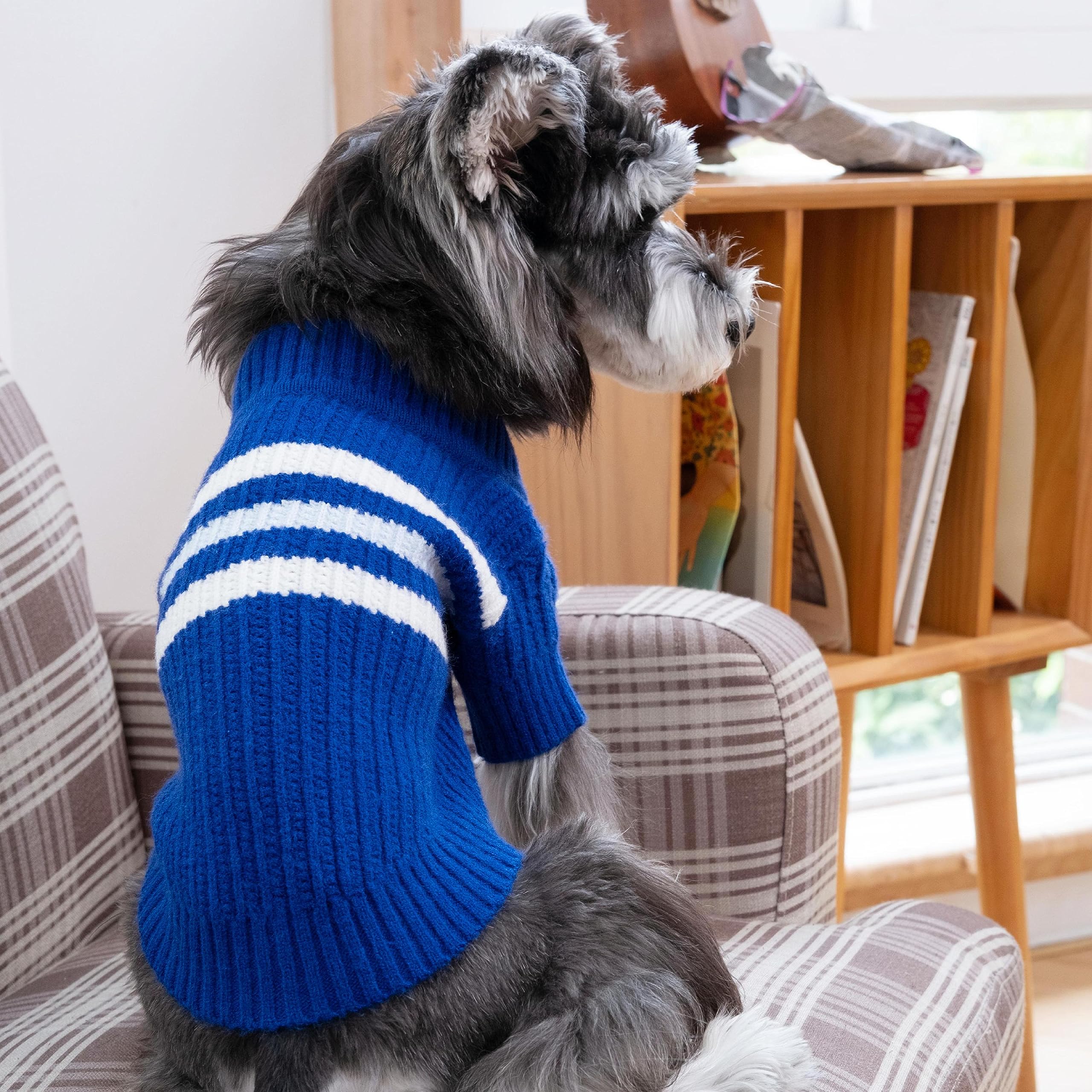 Cutebone Cardigan Striped Knitted Dog Sweater, Arctic Fleece Thermal Dog Winter Clothes For Small Dogs Boy Girl, V-Neck Pet Coat