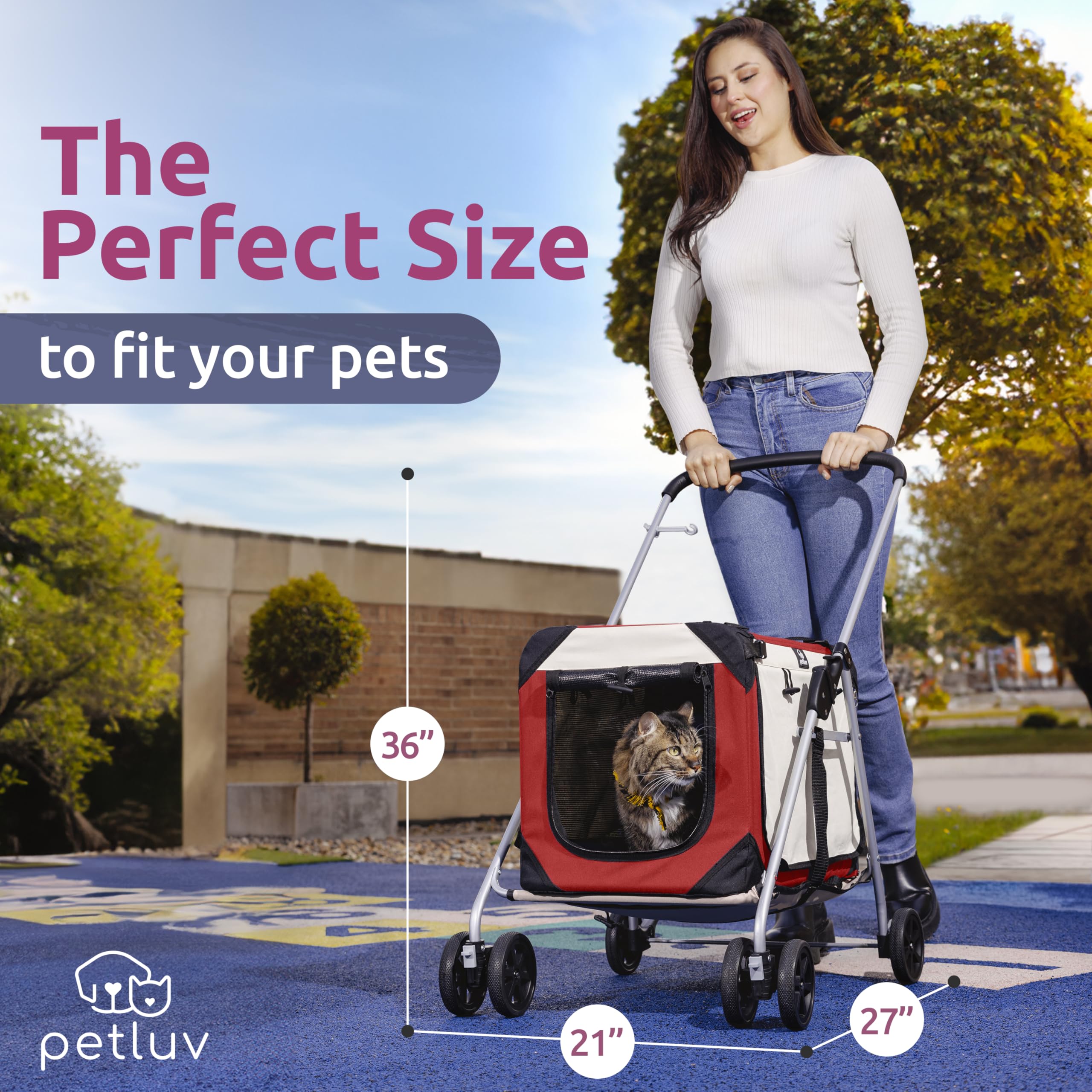 Petluv Pet Stroller, Fits 2 Cats, Small To Medium Dogs (10-45 Lbs), Red