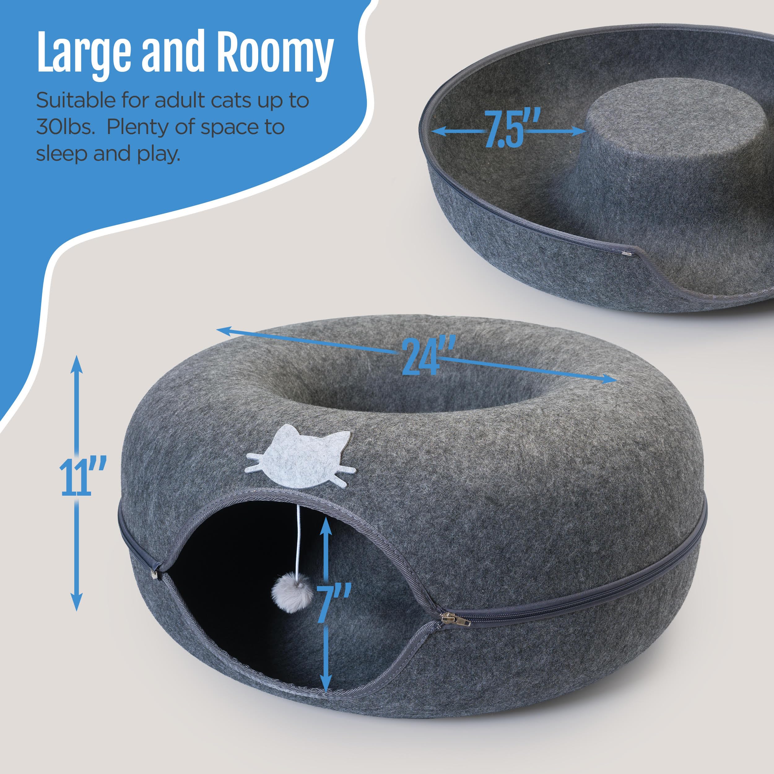 Meow Mansion Large Cat Cave Donut Bed - Cat Tunnel Bed For Large Cats Up To 30Lbs - 3 Toy Balls & Hanging Ball Included - Scratc