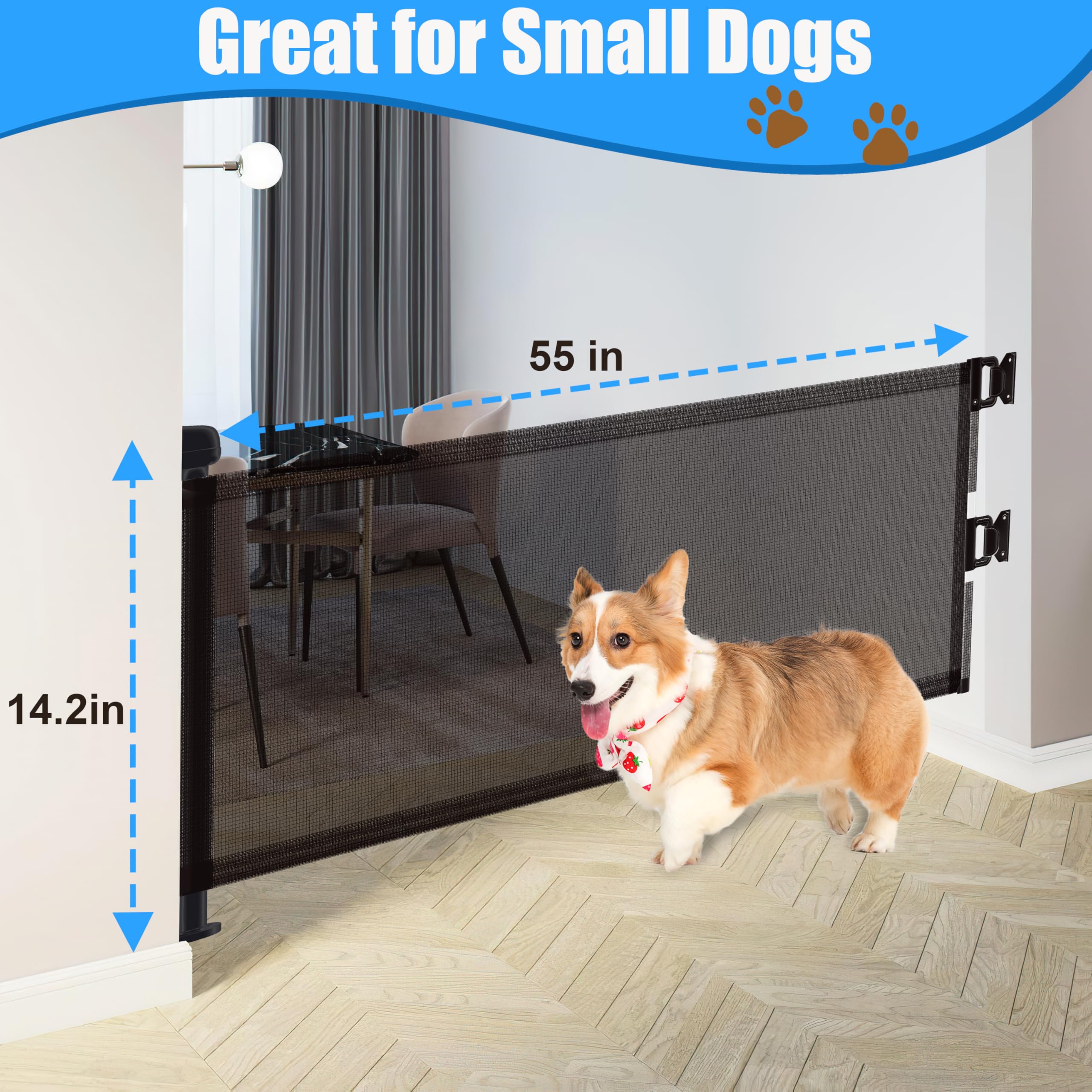 14  H Hideaway Short Dog Puppy Gate - Retractable Mesh Security Fence, Expands Up to 59 Inches - Ideal for Stairs & Doorways