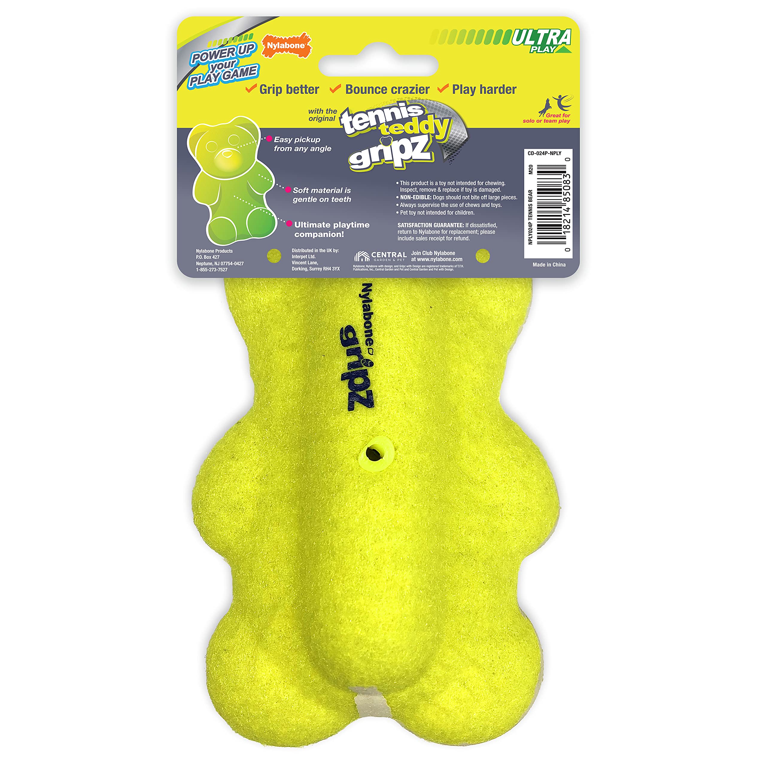 Nylabone Power Play Tennis Ball Teddy Bear Gripz Felt Rubber Fetch Toy, Squeaky Toys For Dogs, Medium (1 Count)