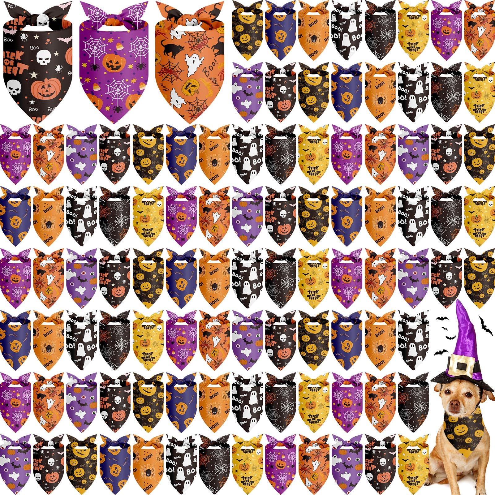 Shyyween 100 Pieces Halloween Dog Bandanas Bulk Pumpkin Ghost Bandanas for Dogs Soft Triangle Bibs Adjustable Triangle for Small