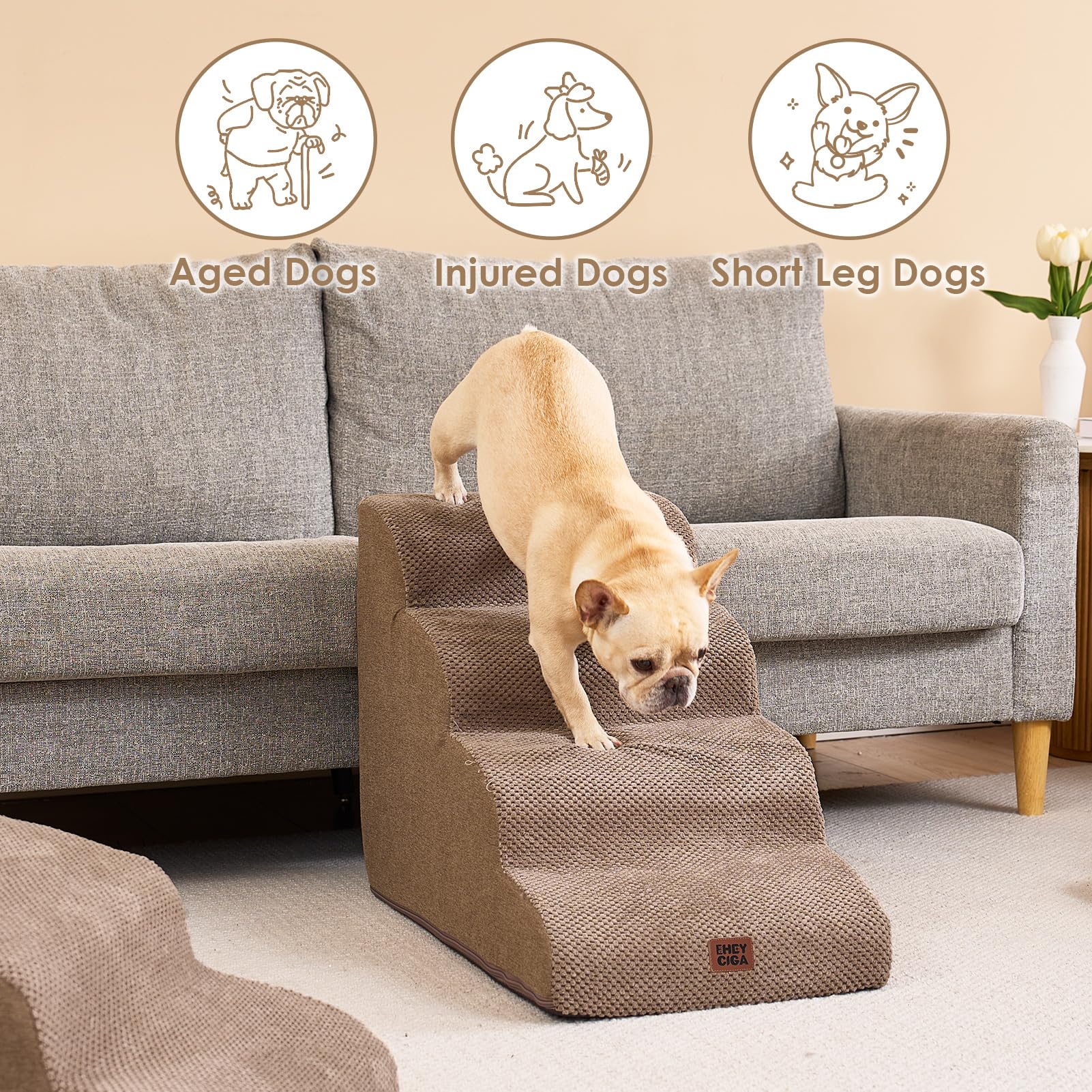 Eheyciga Curved Dog Stairs Ramp For High Beds 19.7' H, 4-Step Dog Steps For Small Dogs And Cats, Pet Stairs For High Bed Climbing, Non-Slip Balanced Pet Step Indoor, Camel