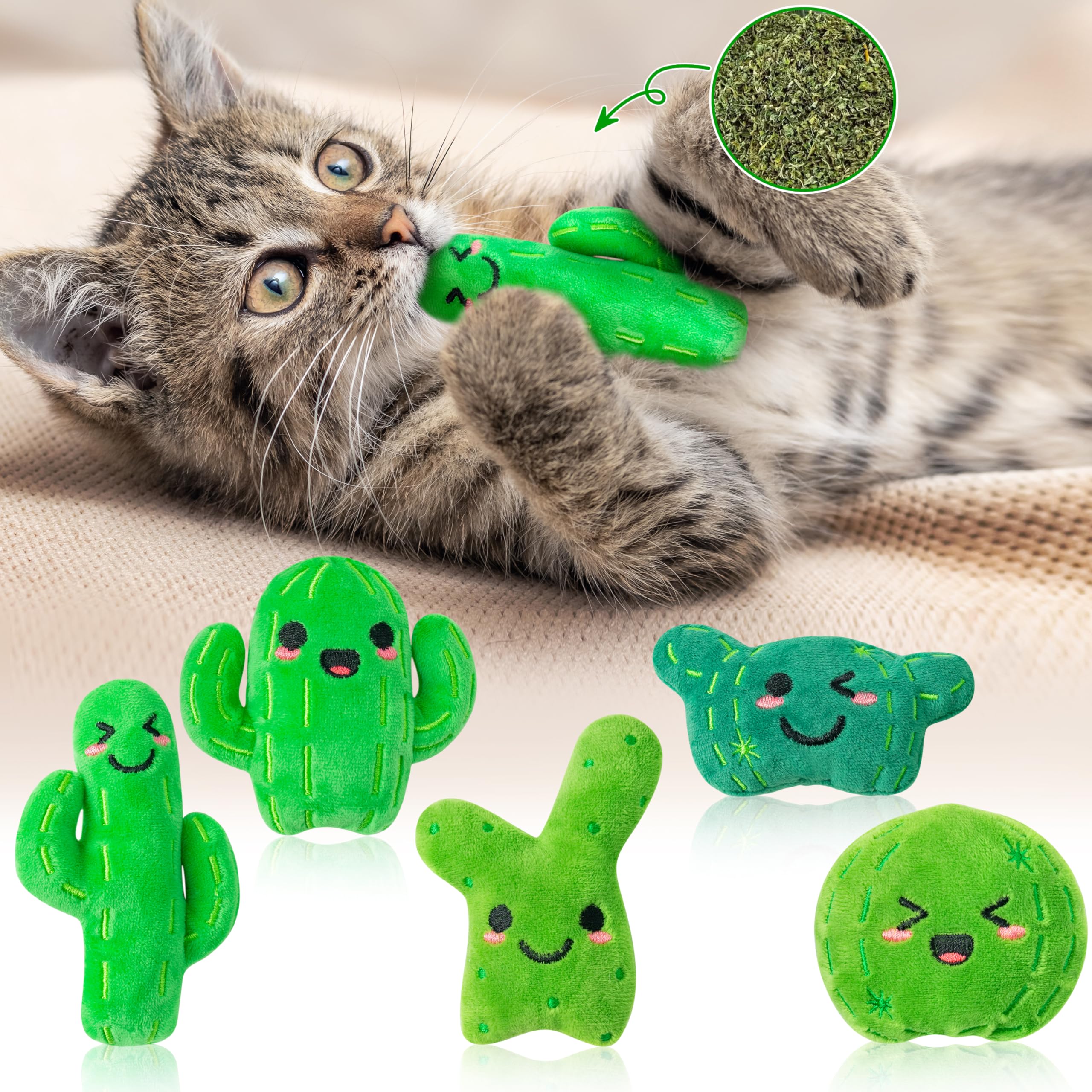 Mallmall6 Catnip Toys For Cat - 5Pcs Cactus Prickly Plants Catmint Interactive Kitten Toy For Indoor Cats, Cute Soft Green Pet S