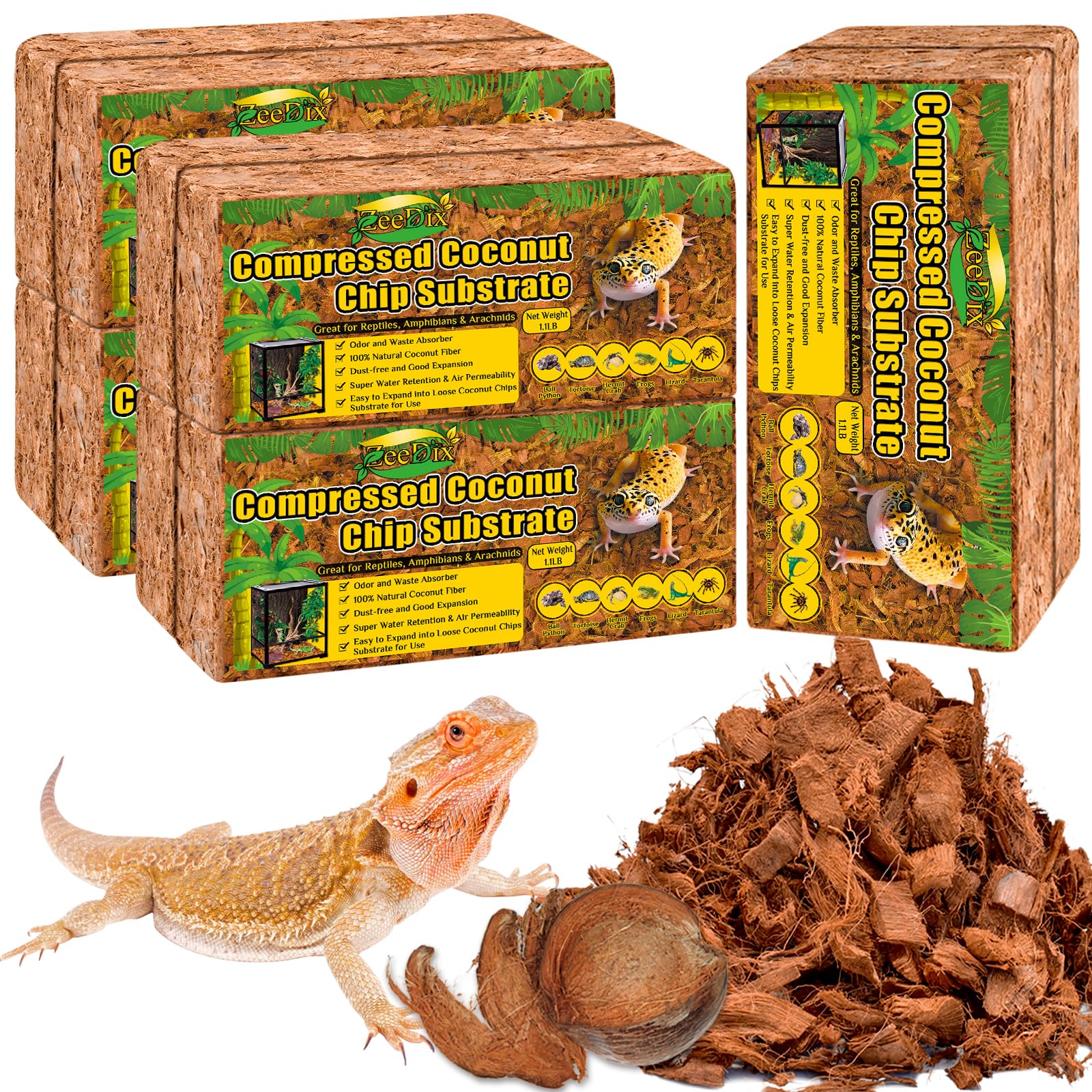 Zeedix 10Pcs Natural Coconut Chips Substrate For Reptiles, Coconut Fiber Husk Reptiles Bedding, Compressed Coco Chips Substrate 
