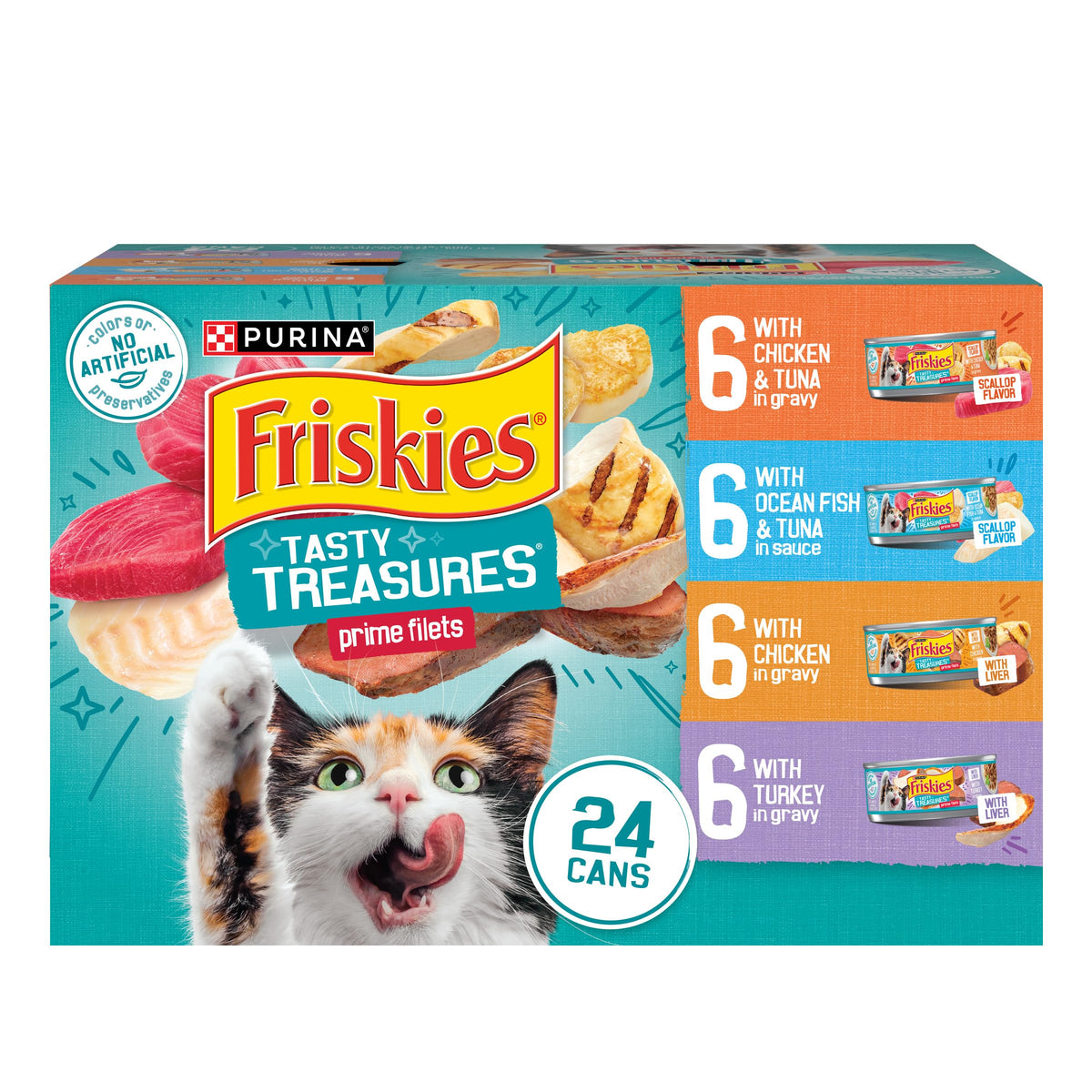 Purina Friskies Wet Cat Food Variety Pack, Tasty Treasures Prime Filets (With Chicken And Tuna, With Chicken, And With Ocean Fish And Tuna, And With Turkey) - (Pack Of 24) 5.5 Oz. Cans