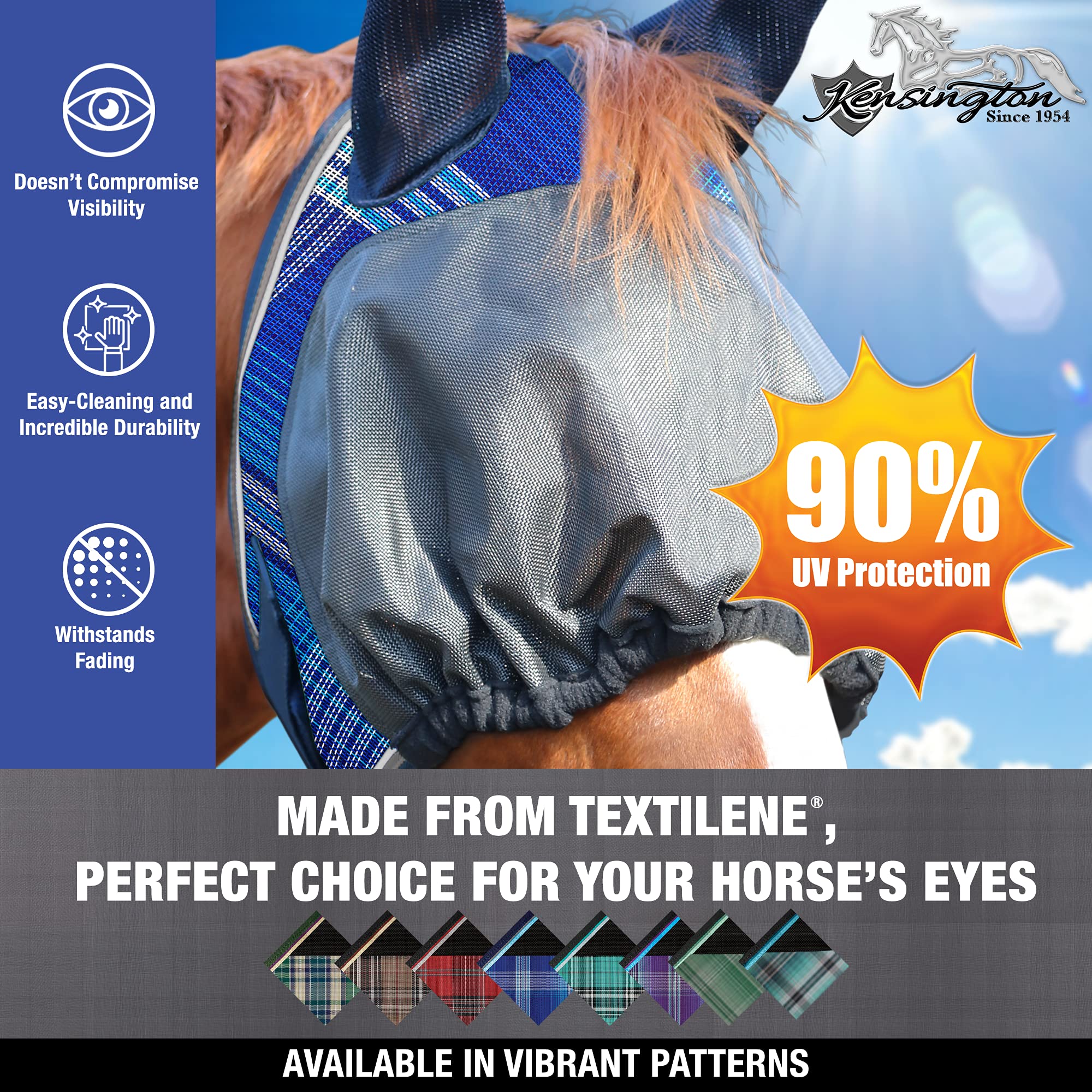 Kensington UViator Dartless Protective Fly Mask UV Eye Protection Mask for Horse with Web Trim and Soft Ears Cover - XL, Atlanti