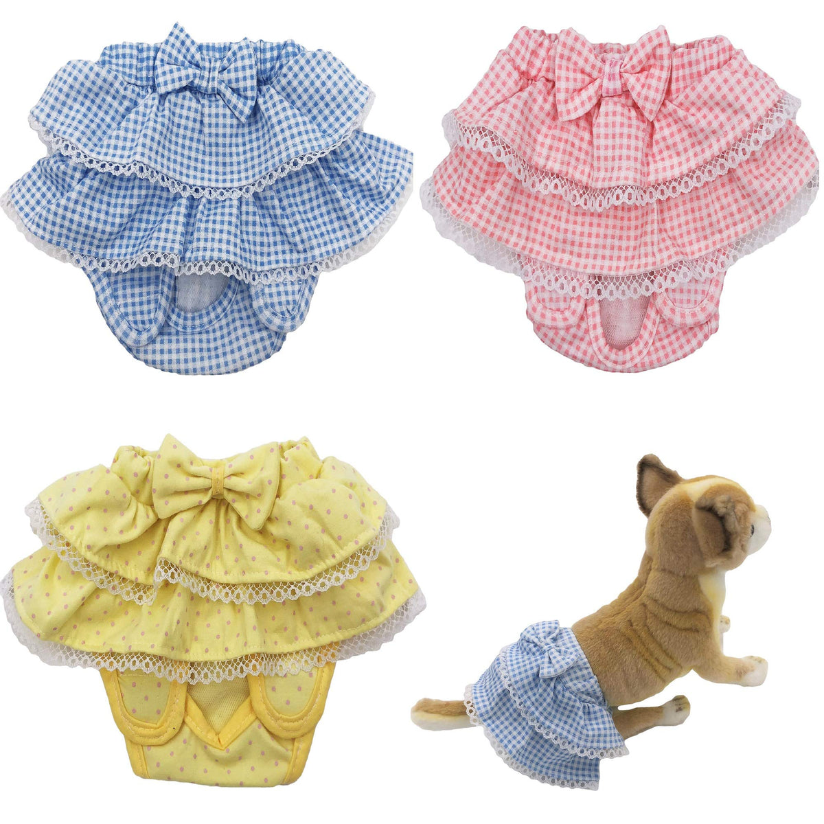 Funnydogclothes Dog Skirt Diaper Female Sanitary Pant Dress Ruffles Cotton Small Pet Cat (Medium: Waist 8' - 10', Pack Of 3 Colors)