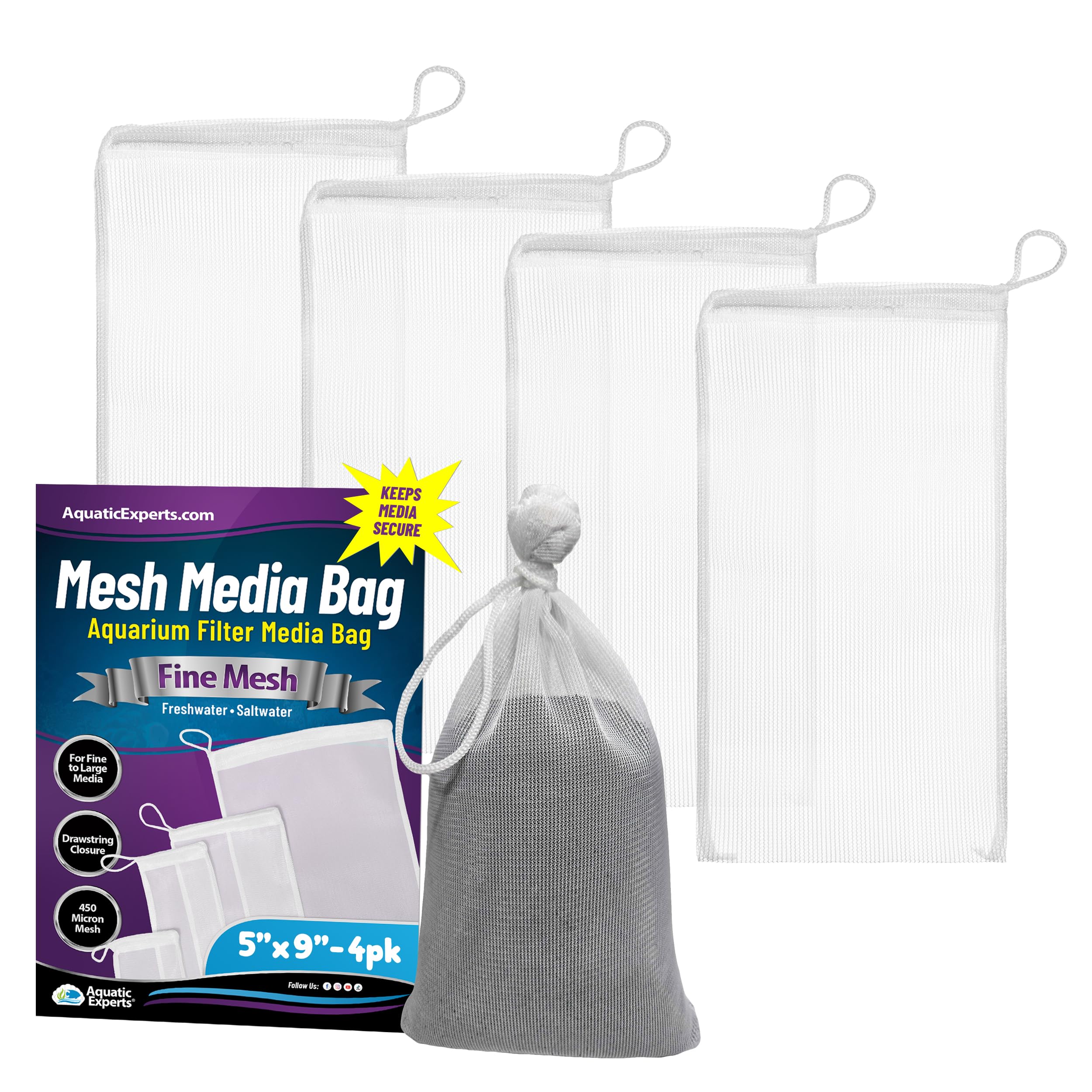 Aquatic Experts Fine Aquarium Media Bag, Durable Drawstring Bags For Fish Tank Filters, 450 Micron Mesh, (Fine, 5'' X 9'' - 4 Pa