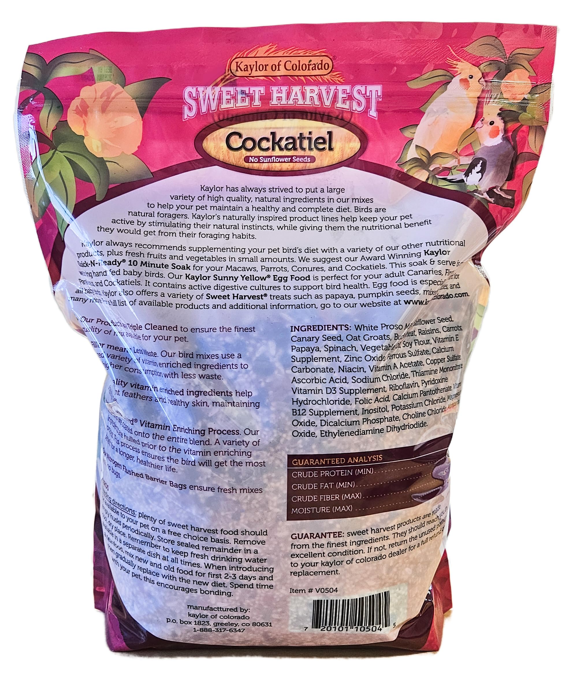 Sweet Harvest Cockatiel Bird Food Seed Mix, No Sunflower Seeds, 4 lbs Bag