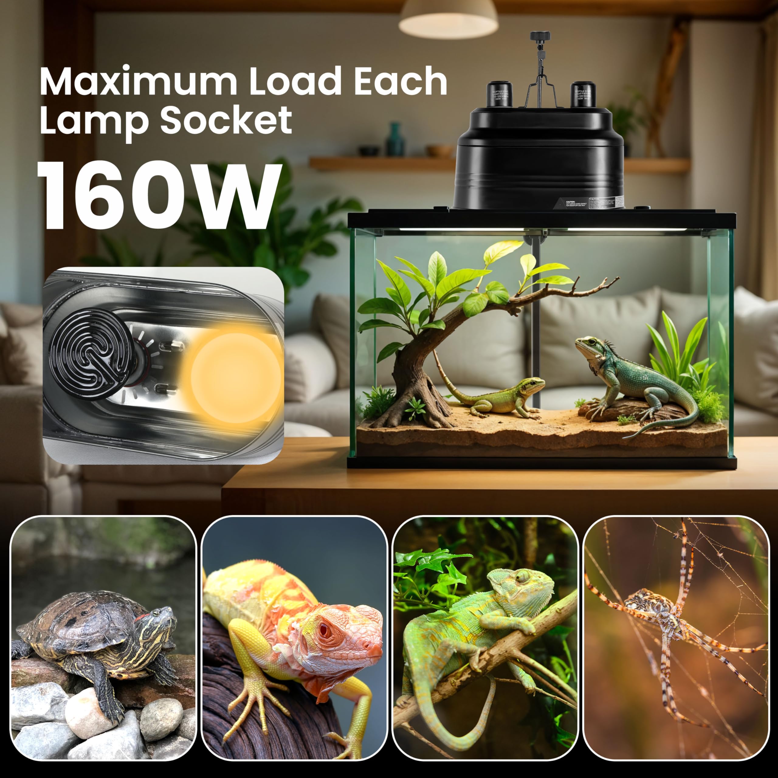 Simple Deluxe Dual Dome Reptile Light Fixture With Separate Switches, Fits Max 160W Reptile Heat Lamp/Uvb Light, For Amphibians
