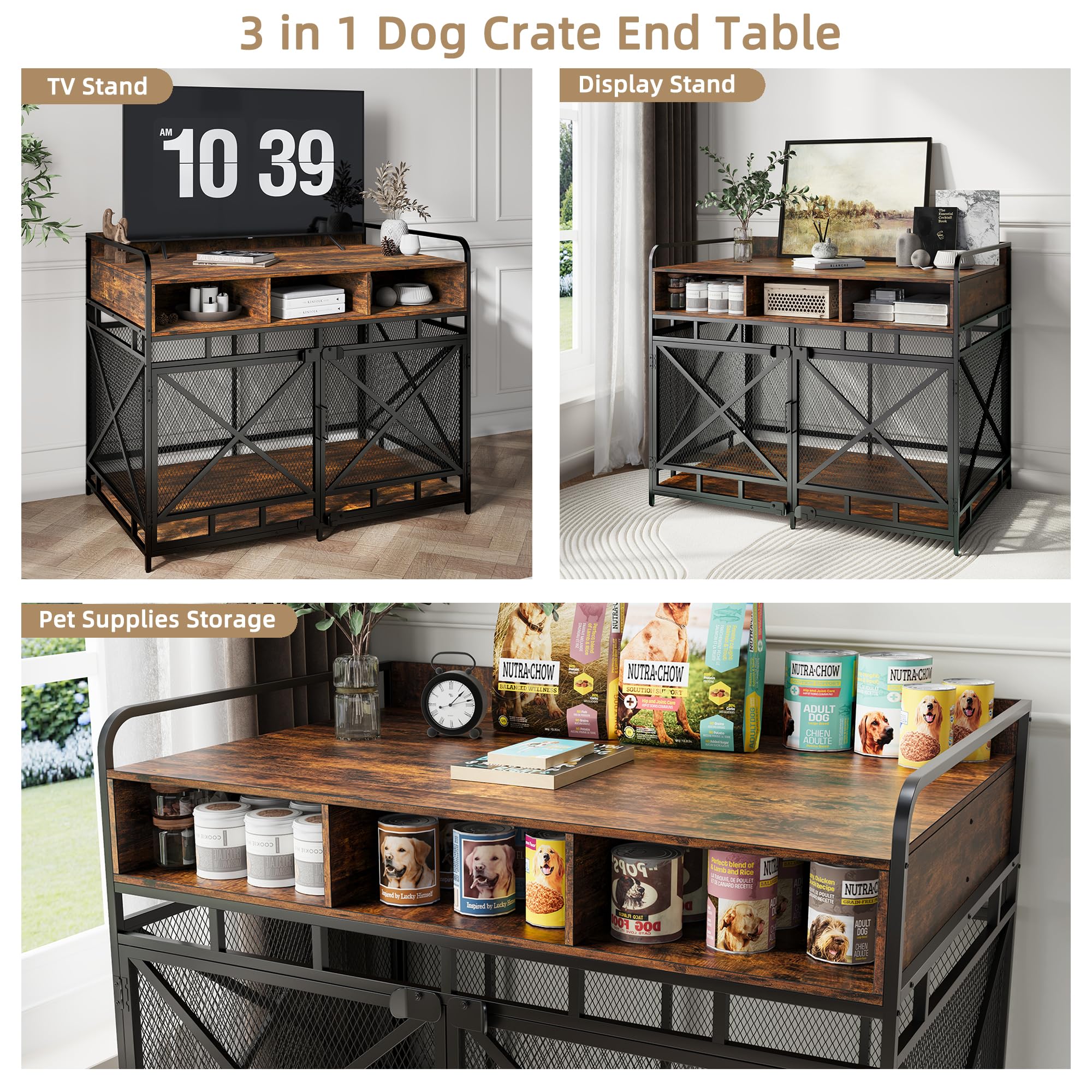 Fulhope Dog Crate Furniture,Wooden Dog Crate End Table,43 Inch Dog Kennel with Drawers,Heavy Duty Dog Cage,Decorative Pet Crate