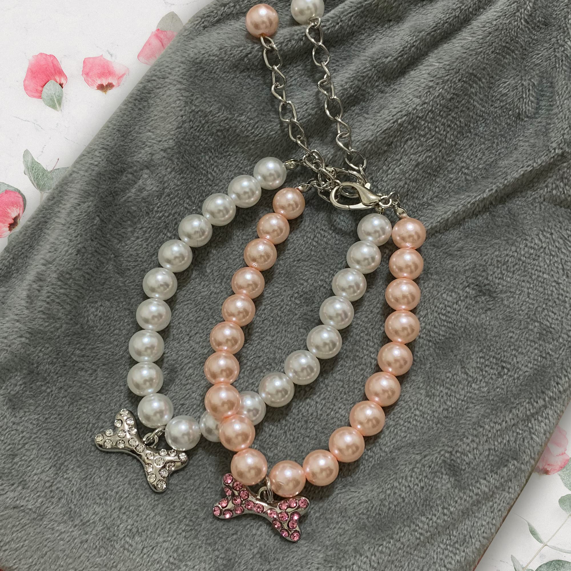 Casidoxi 2 Pcs Dog Cat Pearl Collar Necklace With Rhinestone Bone, Fancy Cat Wedding Collar Jewelry For Girl Cat Puppy Dogs Accessories(Pink+White)
