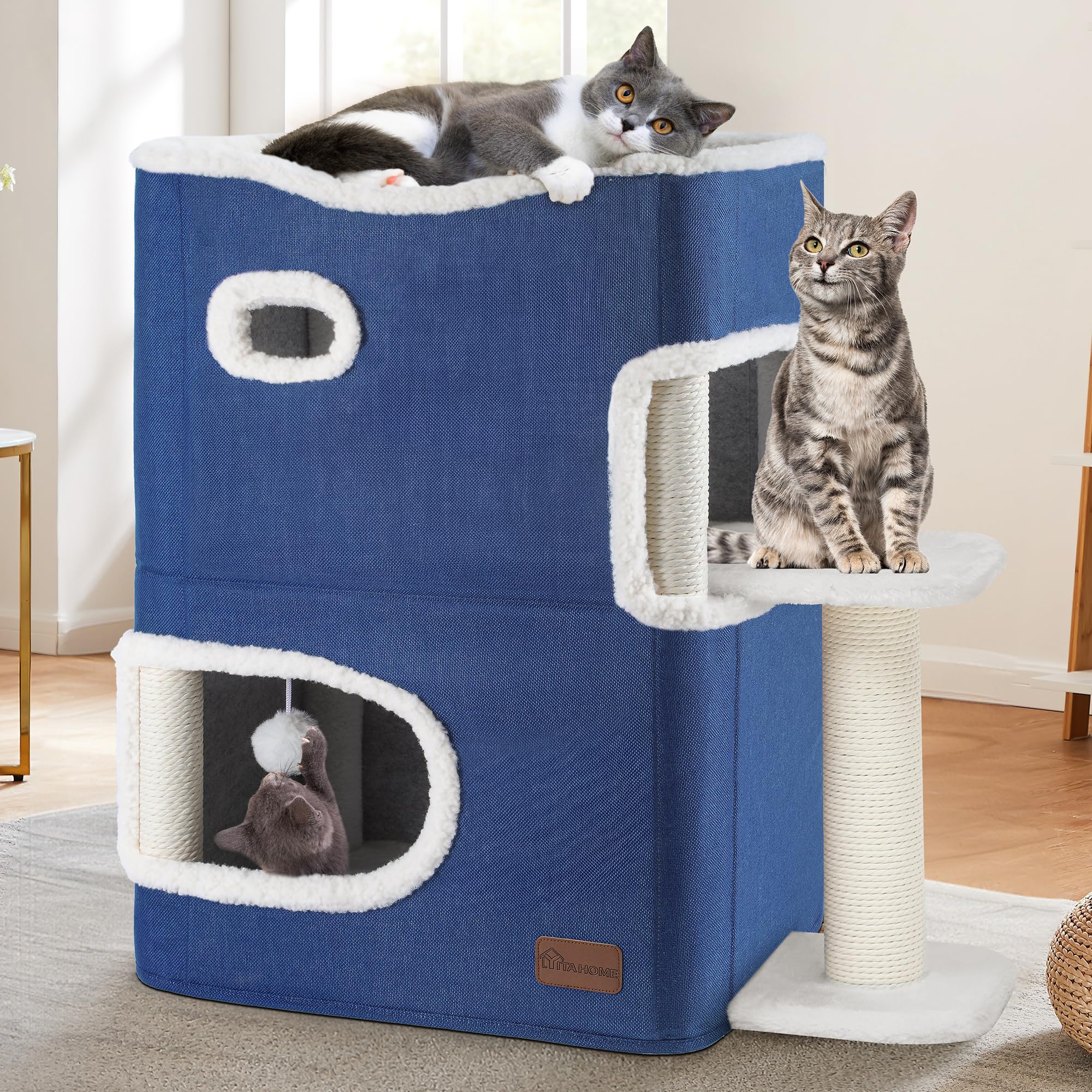 YITAHOME 2-Tier Cat House, Indoor Cat Cave Bed Playhouse, Cat Tunnels with Scratch Pad and Hideaway Cube, Cute Modern Cat Condo 