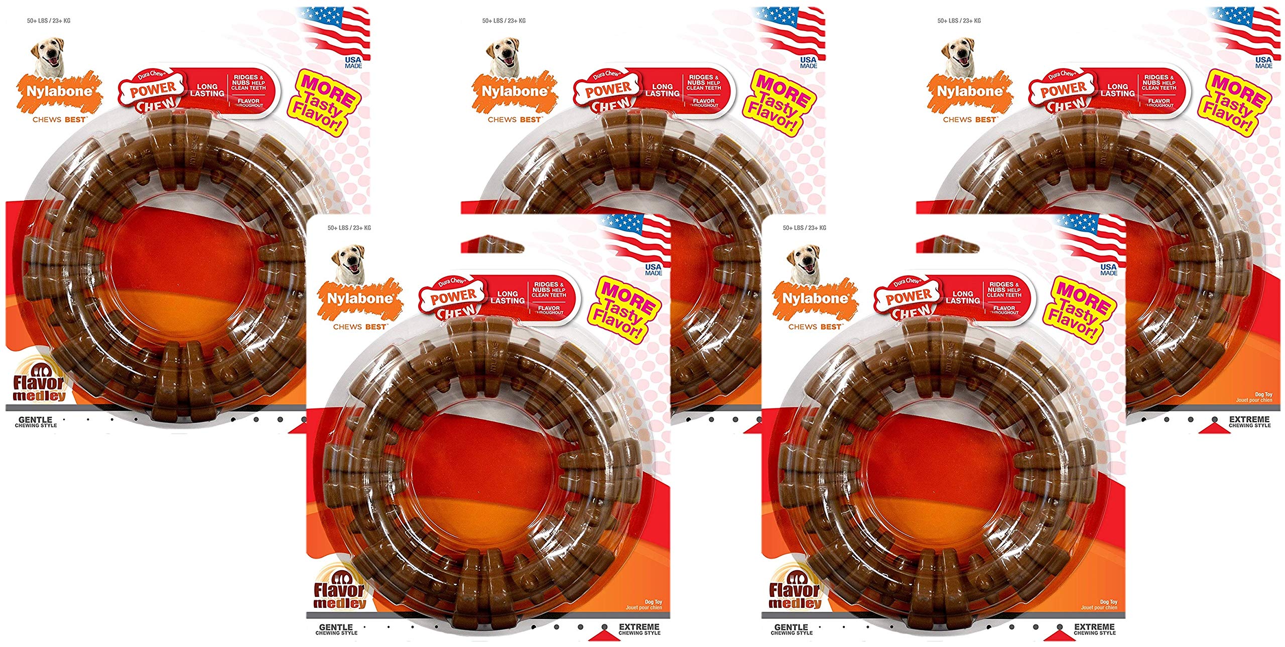 Nylabone 5 Pack of Power Chew Textured Ring Dog Toys, Souper, Flavor Medley, for Extreme Chewers Up to 50 Pounds