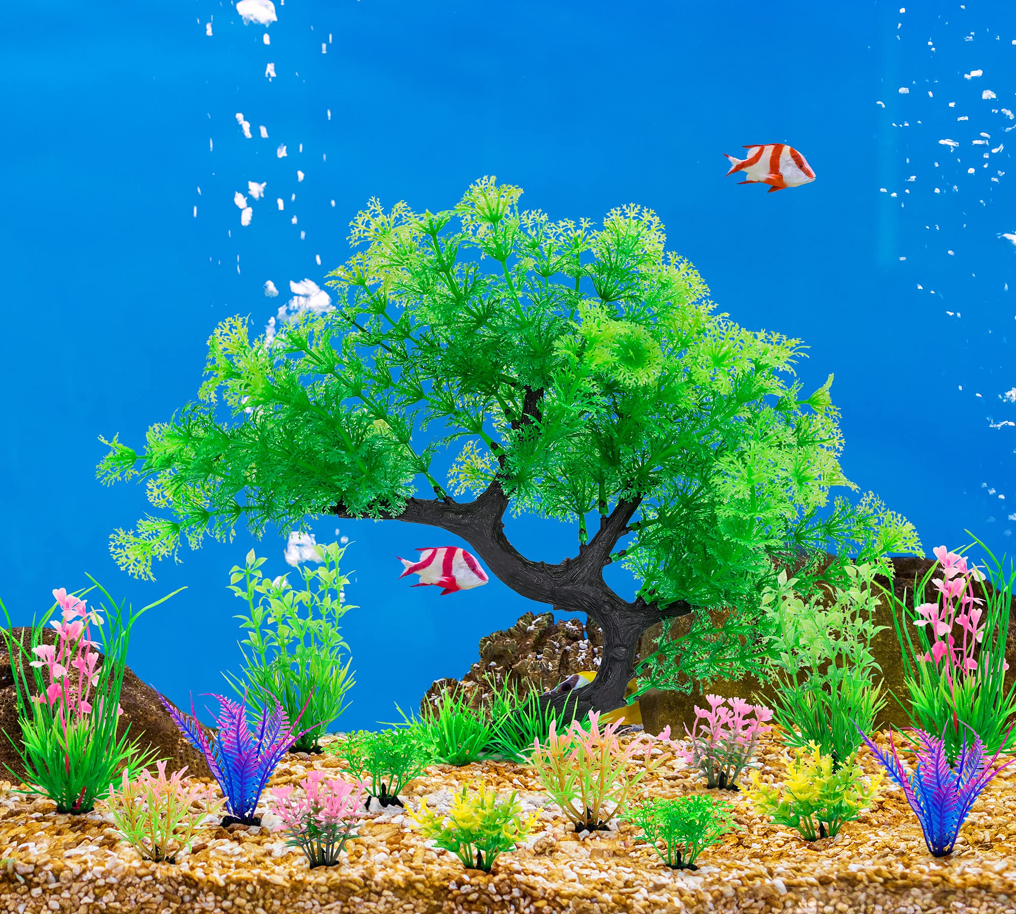 MyLifeUNIT Fish Tank Decorations, 15 Pack Artificial Aquarium Plants Tree Set for Fish Tank Decor (Green Set)