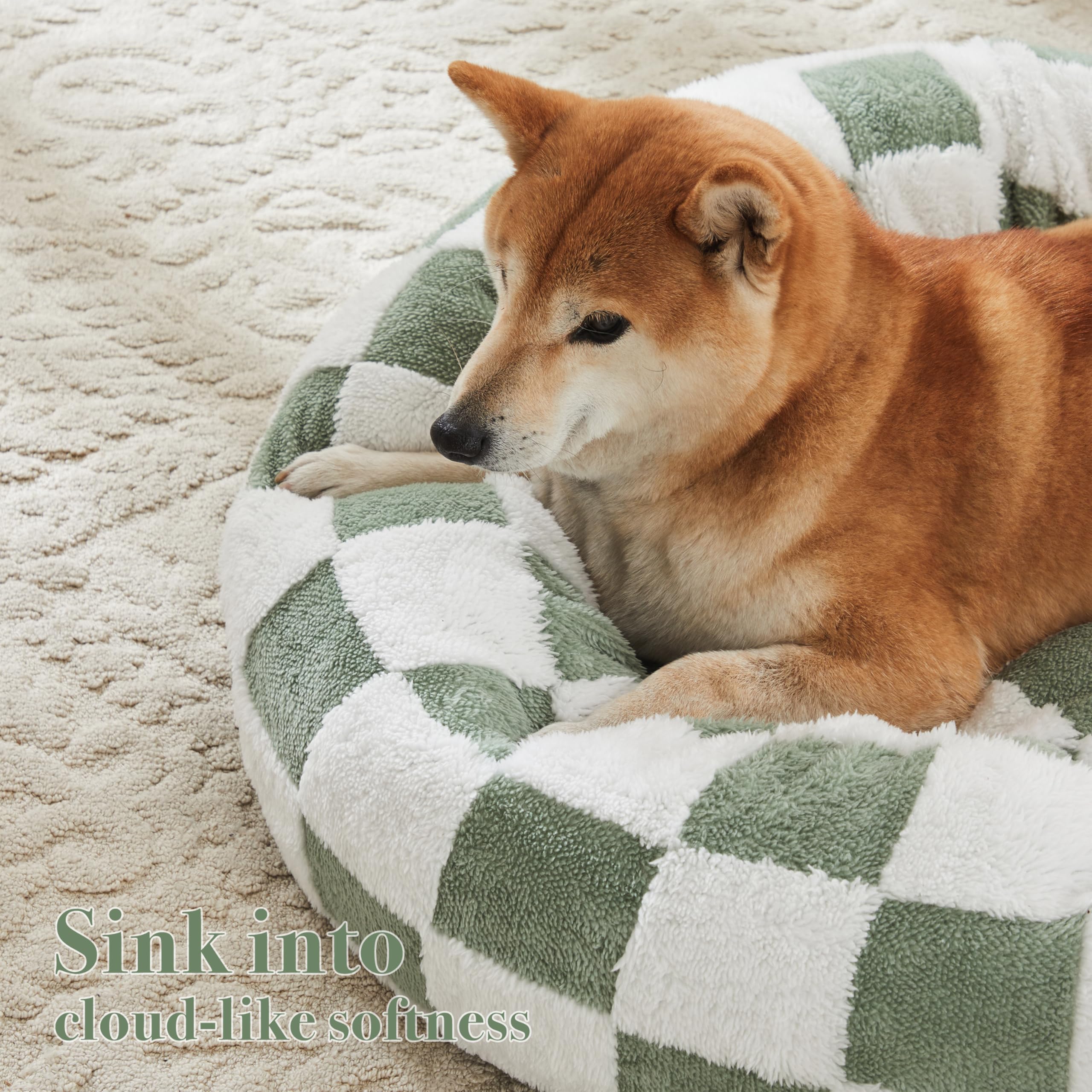 Ohocut Checkered Cat Dog Bed, Cute Sage Green Retro Style Aesthetic Round Warming Pet Calming Beds For Small Dog And Cats, Plush