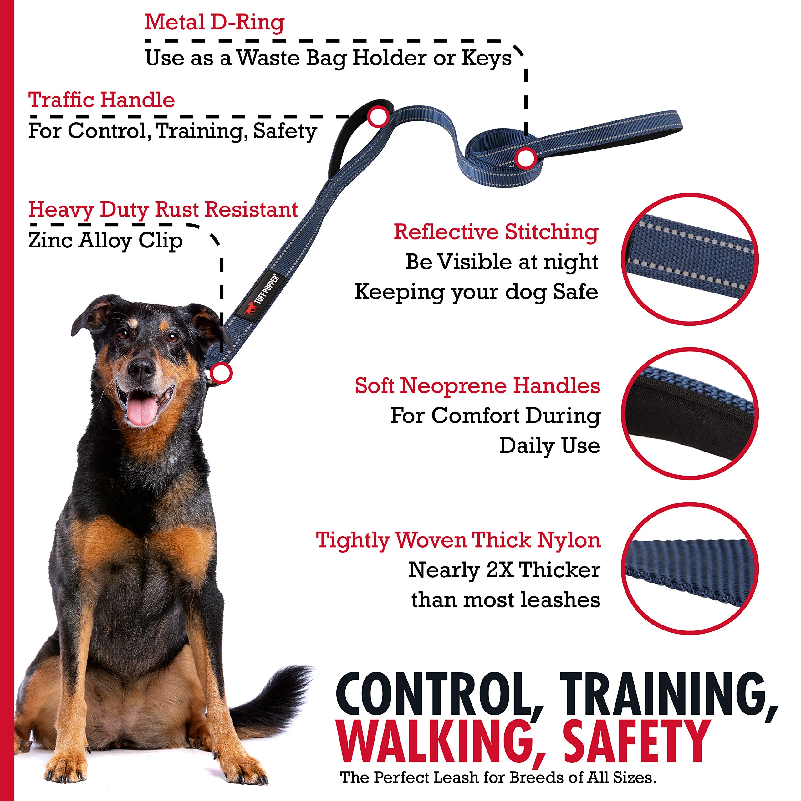 Tuff Pupper Heavy Duty Double Handle Dog Leash | Twist Locking Carabiner Dog Clip | Safety Lock Leash To Hold Strong Dogs | Reflective For Safe Night Walks | 6 Foot Dog Leash | For Medium & Large Dogs