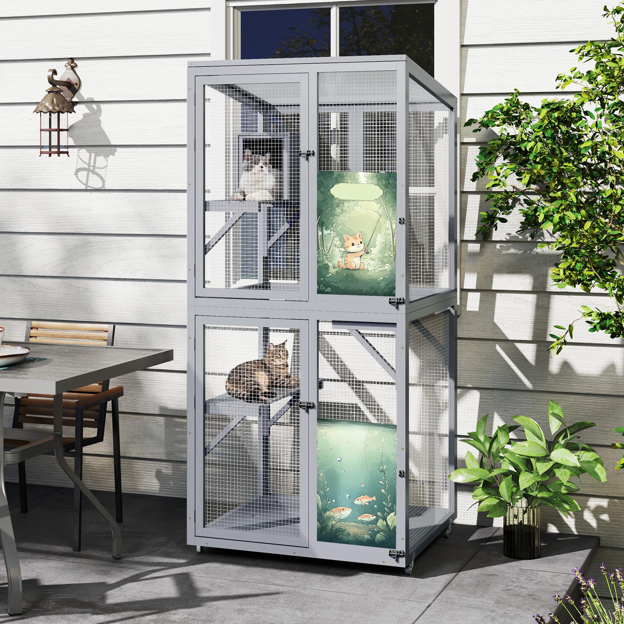 Coziwow Large Catio Outdoor Cat Enclosure Window Access, Outdoor Cat House With Wheels, Cage For Cats Indoor (Grey, Extra Large)