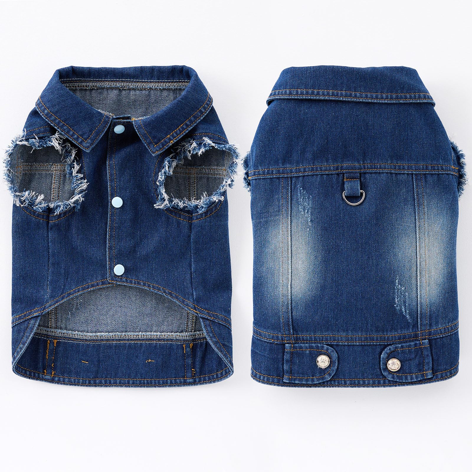 Cantuccistudio Pet Denim Jacket For Dogs With Leash Ring, Fringed Sleeves, Blue Jean Coat, Dog Collar Vest, Classic Design, Vint
