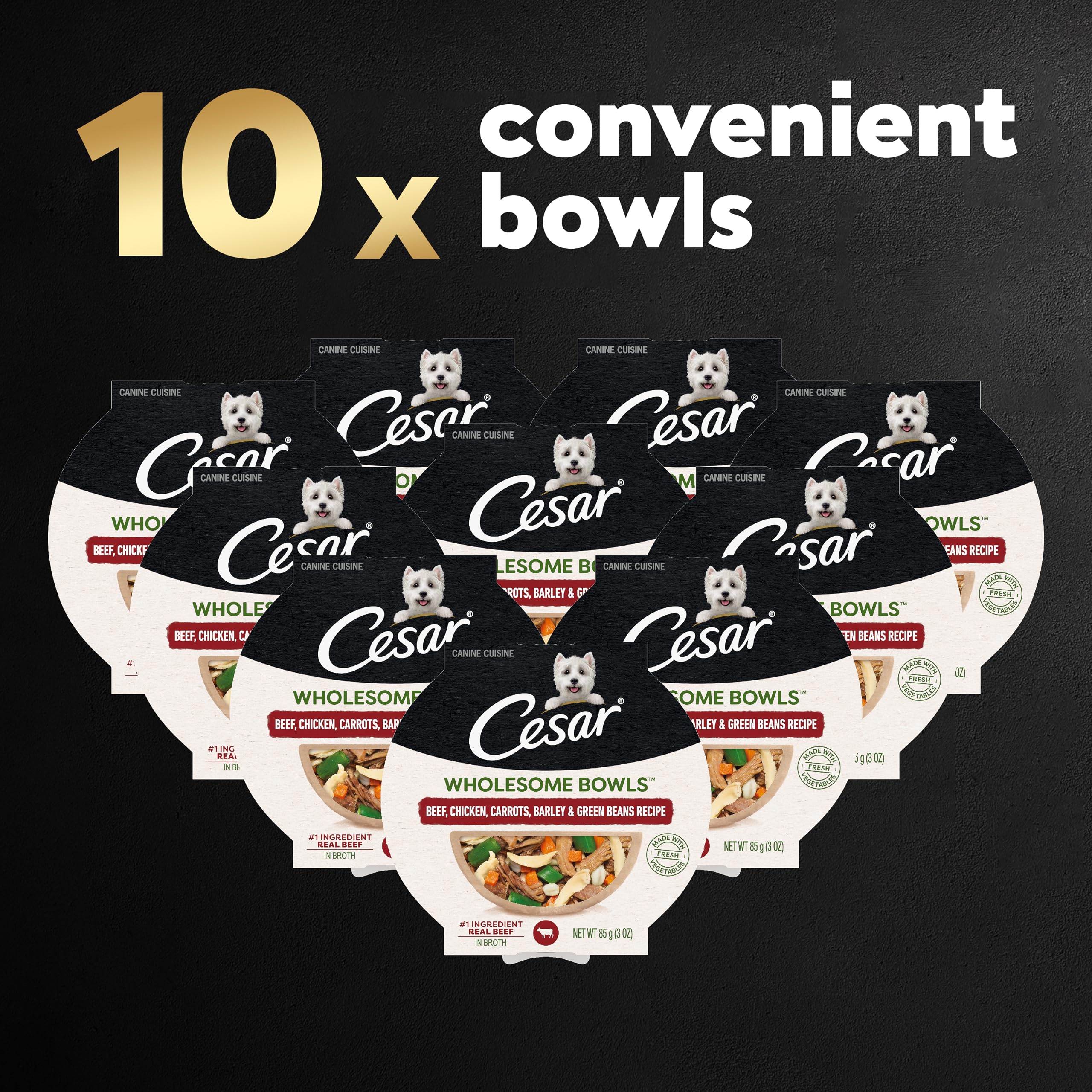 CESAR WHOLESOME BOWLS Adult Soft Wet Dog Food Beef, Chicken, Carrots, Barley & Green Beans Recipe, (10) 3 oz. Bowls