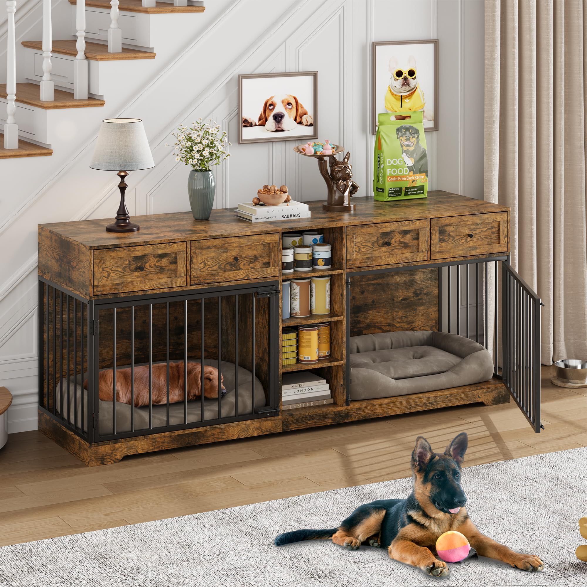 GarveeLife 82 Inch Double Dog Crate Furniture with 4 Storage Drawers - Heavy Duty Extra Large Dog Kennel TV Stand for 2 Large Do