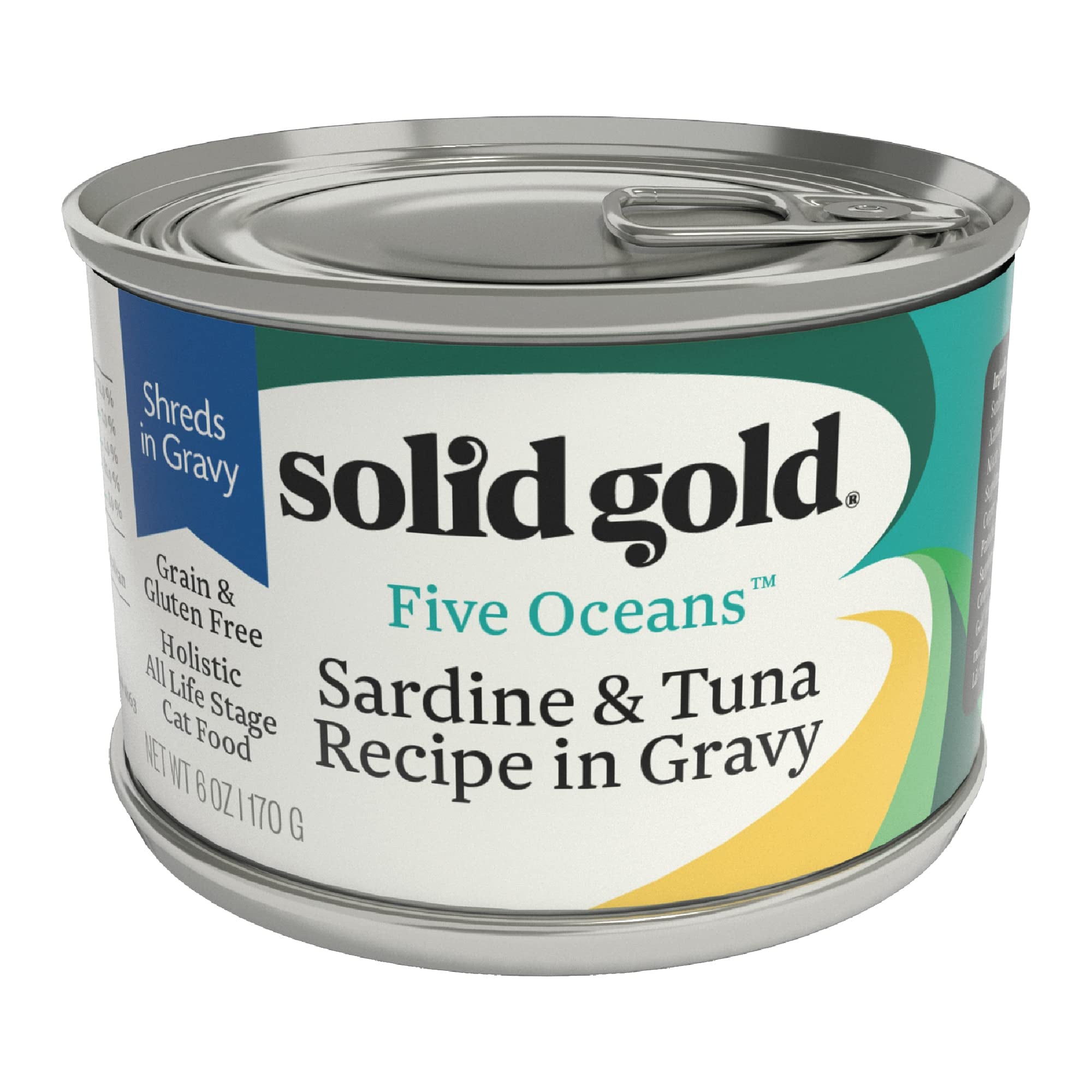Solid Gold Wet Cat Food Shreds in Gravy - Canned Cat Food Made w/Real Tuna & Sardine - Five Oceans Grain Free 16ct/6oz Can
