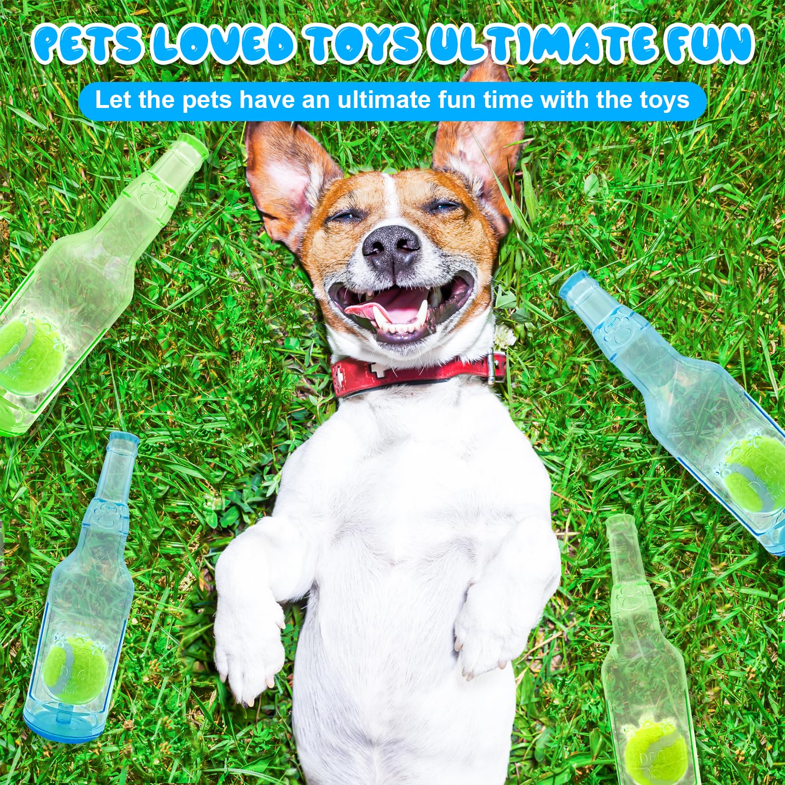 Aerbee 2Pcs Crunchnplay Bottle Toy For Dogs, Interesting Squeaky Dog Toys, 7.7' Rubber Water Bottle Toys With Tennis Ball, Pet