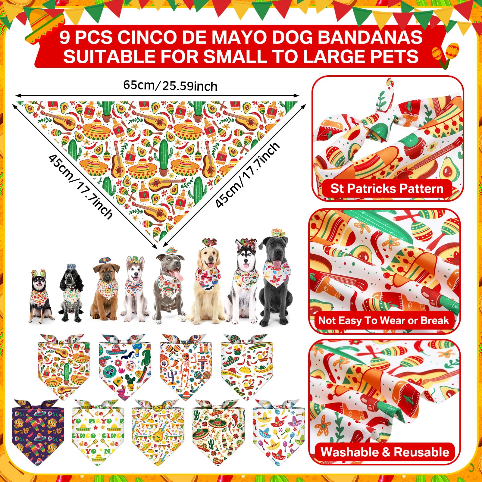 18 Pcs Mexican Sombrero Dog Headband Cinco De Mayo Fiesta Dog Bandanas Costume Triangle Pet Scarf Adjustable Mexico Sombrero Hea